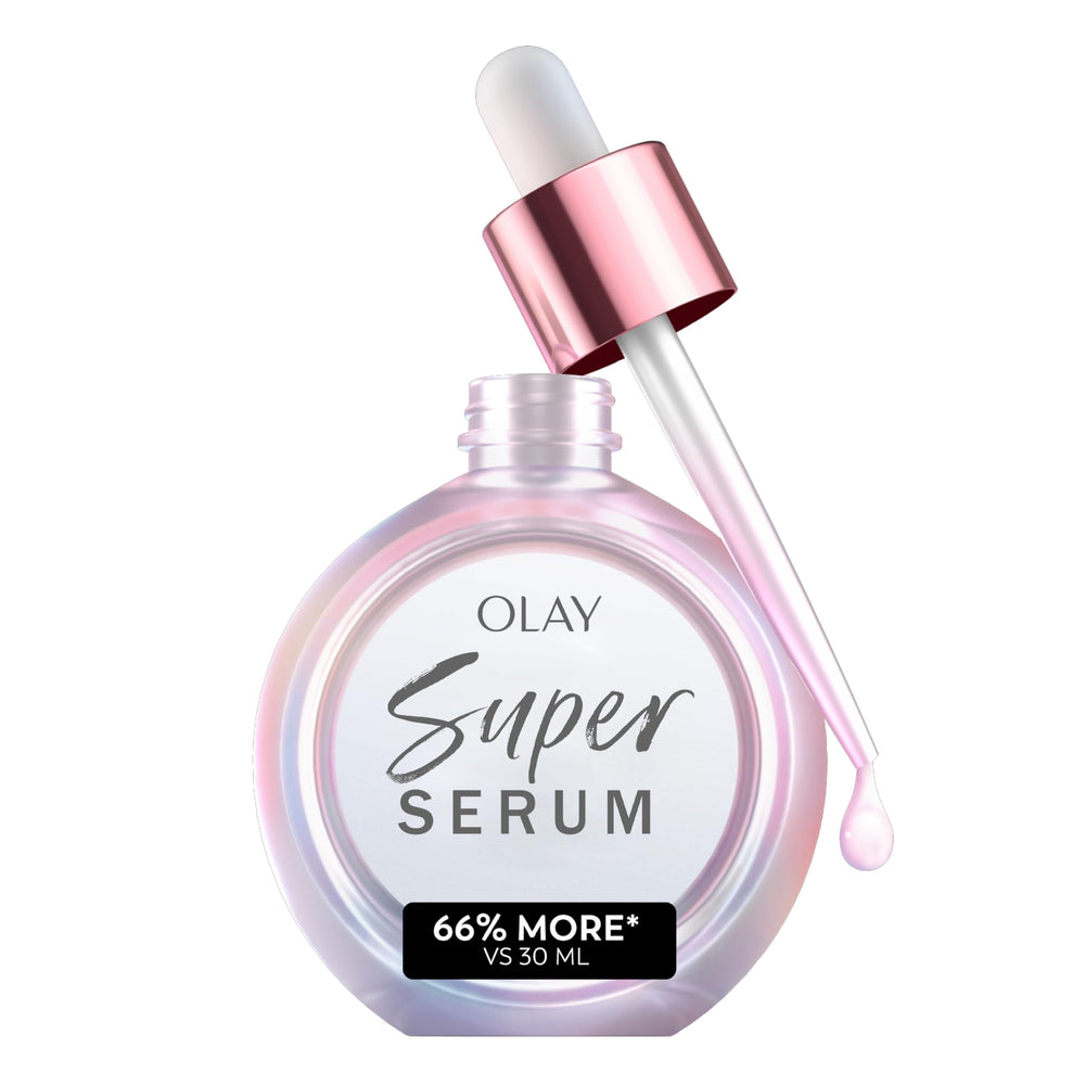 Olay Super Serum bottle pump showing easy daily application for glow