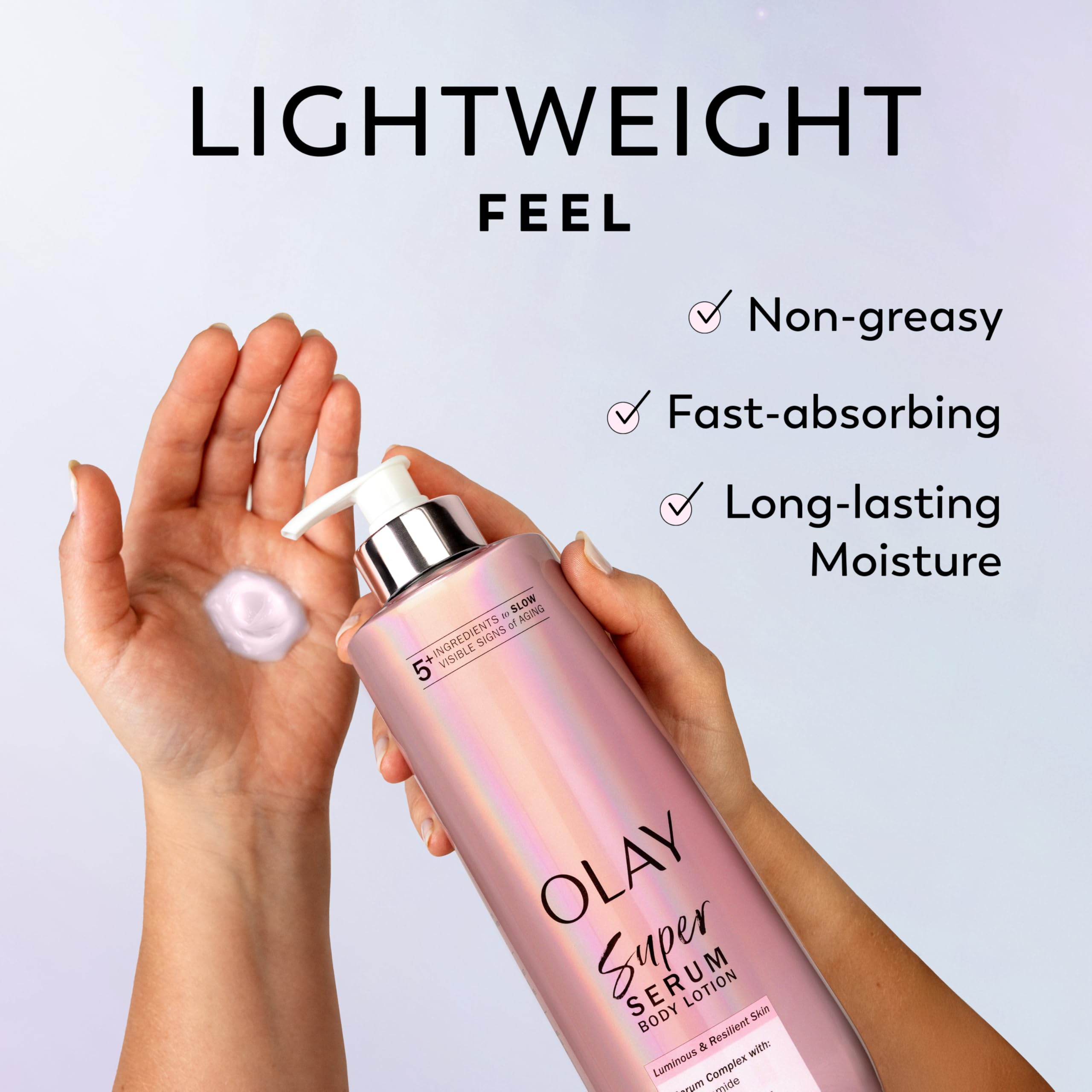Olay Super Serum Cuerpo: manos aplicando crema para hidratación suave