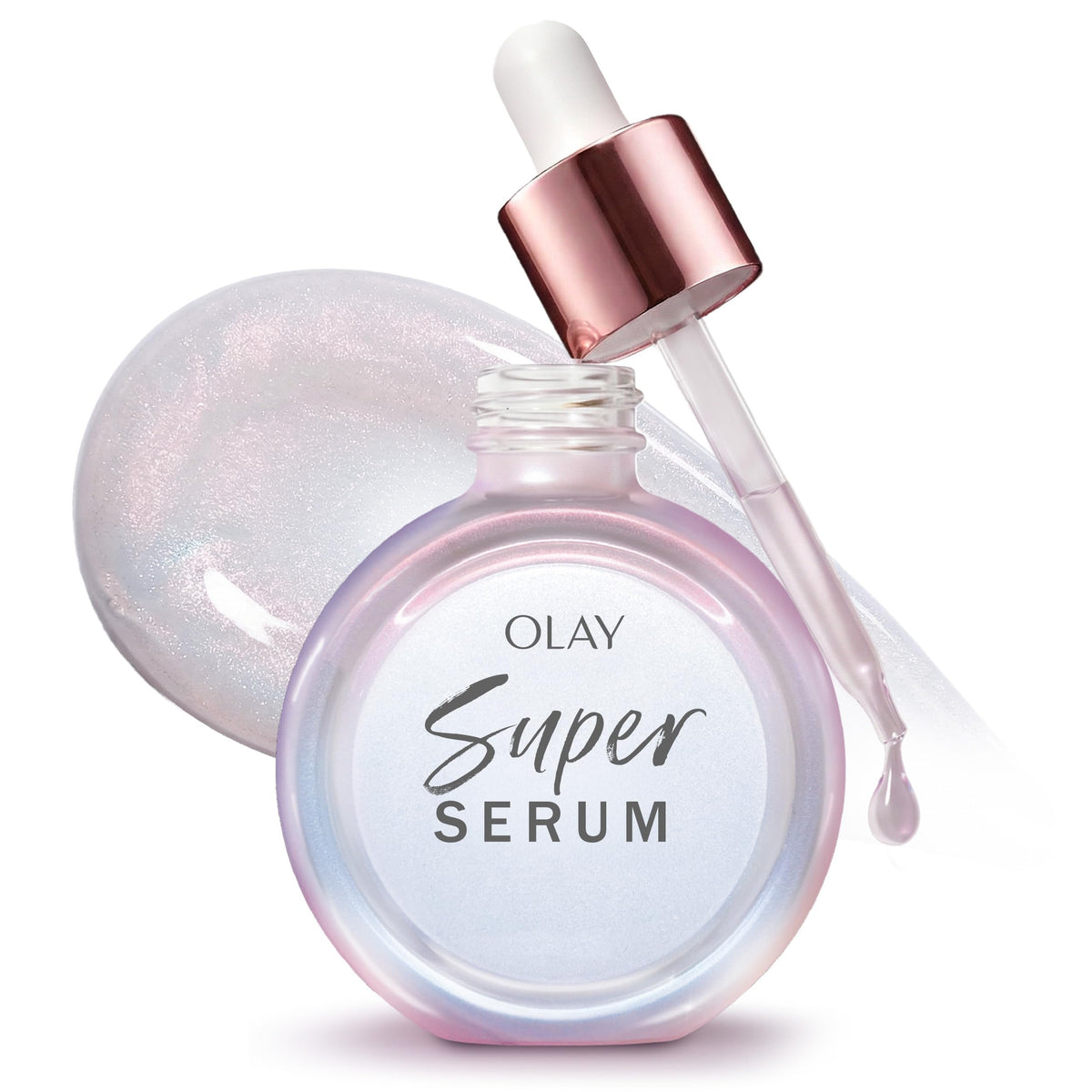 Olay Super Serum bottle radiates hydration and brightness.