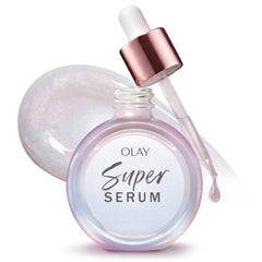 Olay Super Serum bottle radiates hydration and brightness.