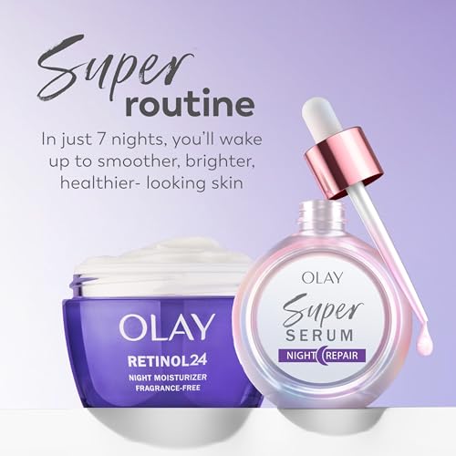 Olay Super Serum Night Repair five-benefit icon panel highlights 5-in-1 results.