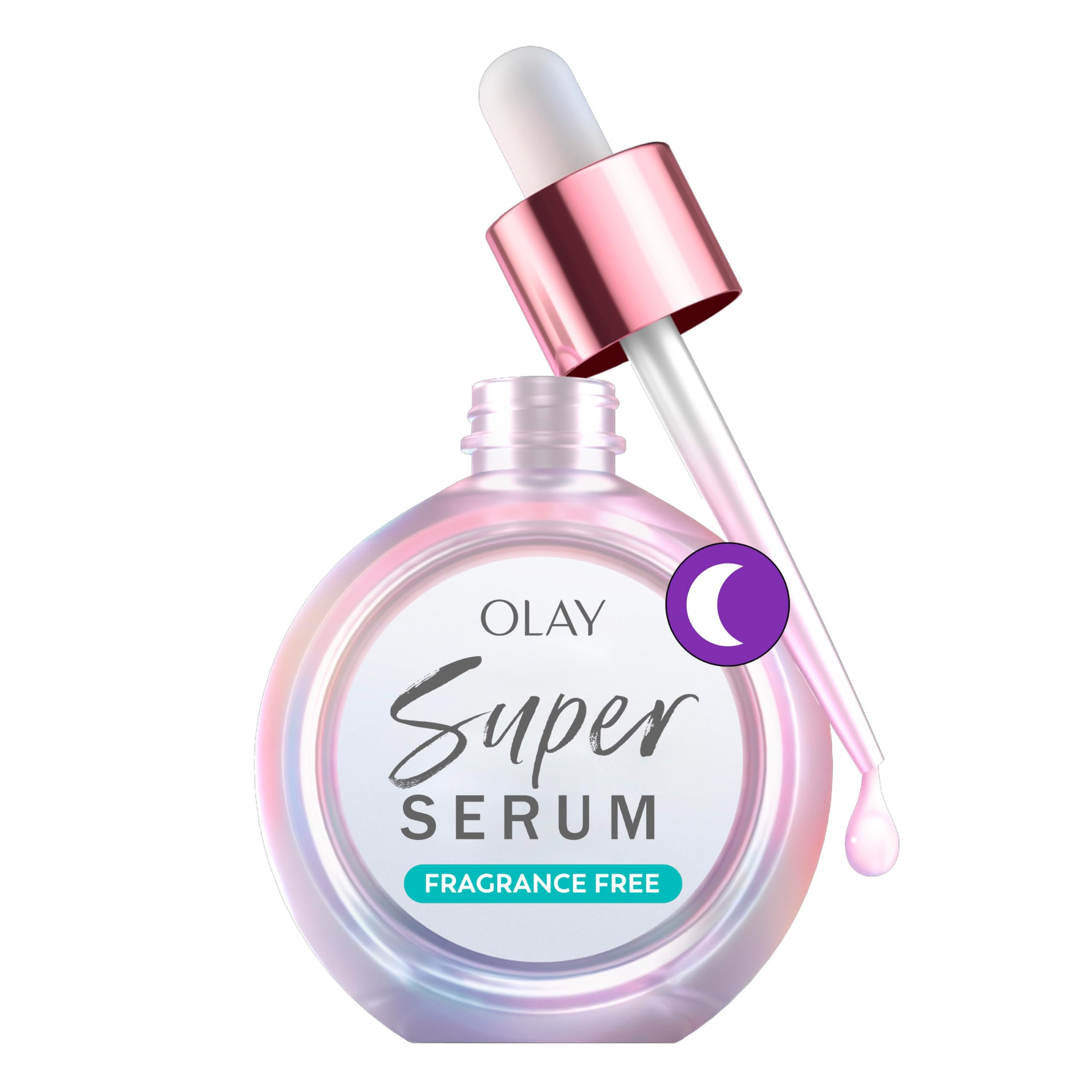 Olay Super Serum Night Repair bottle close-up highlighting fragrance-free hydration.