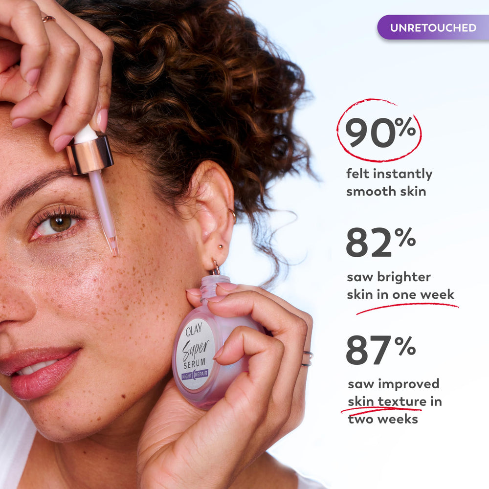 Olay Super Serum Night Repair fragrance-free label for sensitive skin.