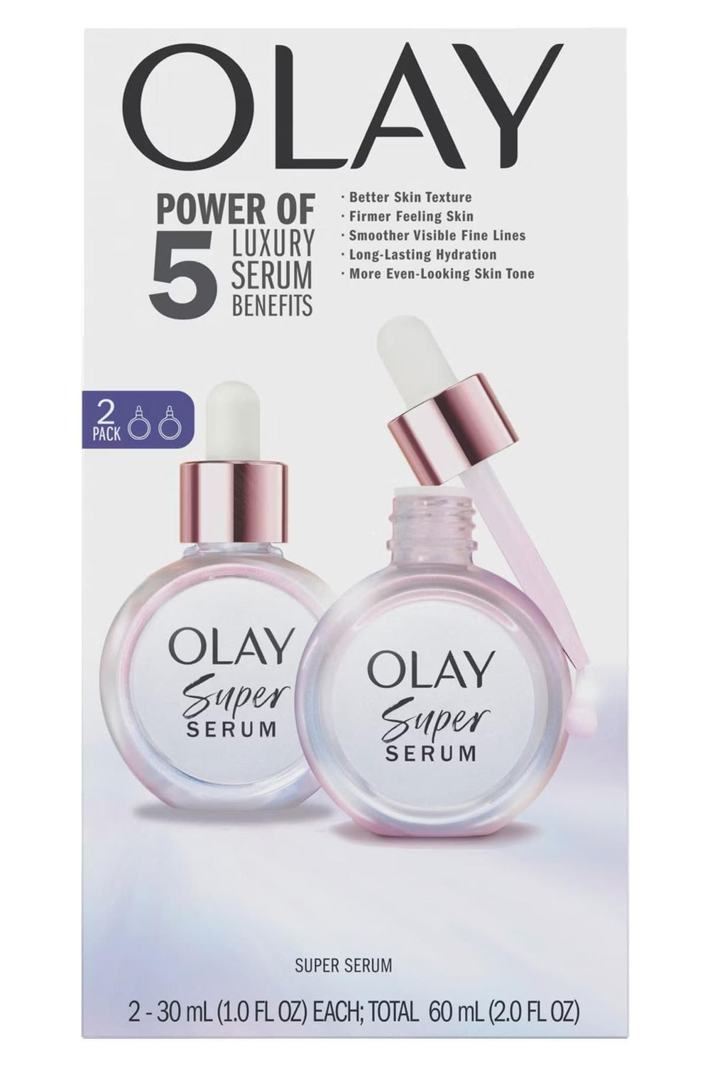 Close-up of Olay Super Serum Twin Pack bottles showing the concentrated formula