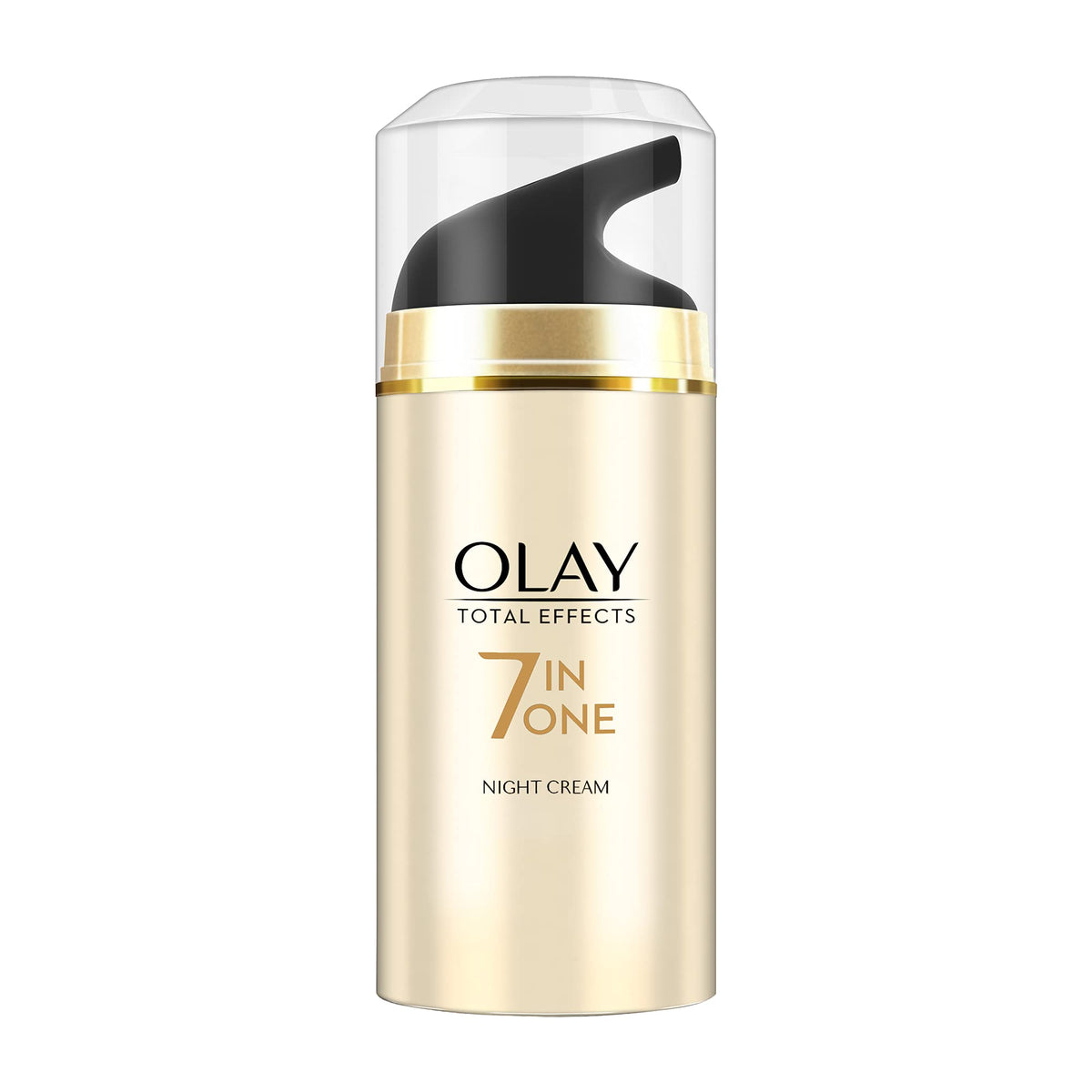 Olay Total Effects crema nocturna en botella, lista para reafirmar la piel al despertar.