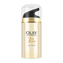 Olay Total Effects crema nocturna en botella, lista para reafirmar la piel al despertar.