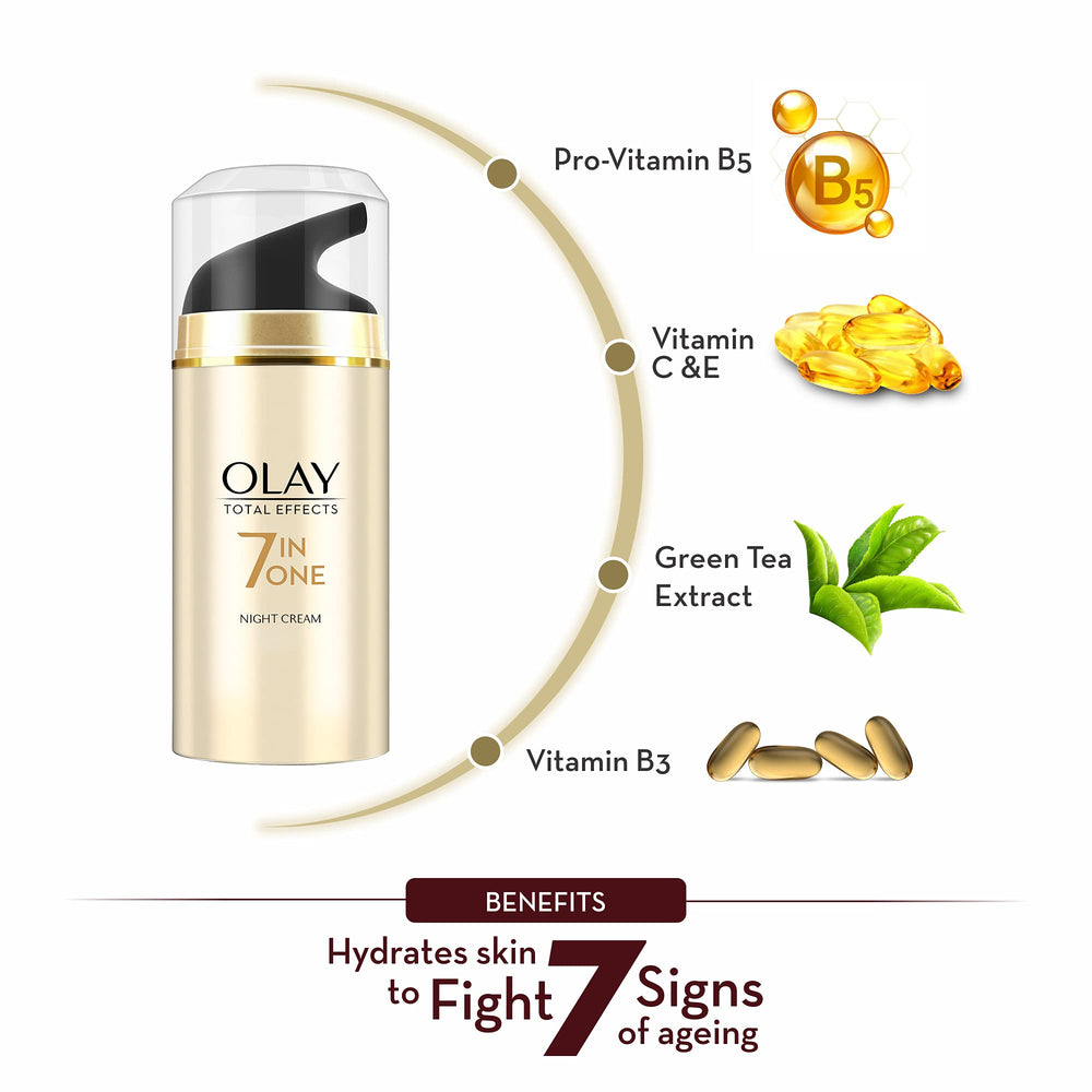 Olay Total Effects crema nocturna, tono más uniforme y reducción visual de manchas.