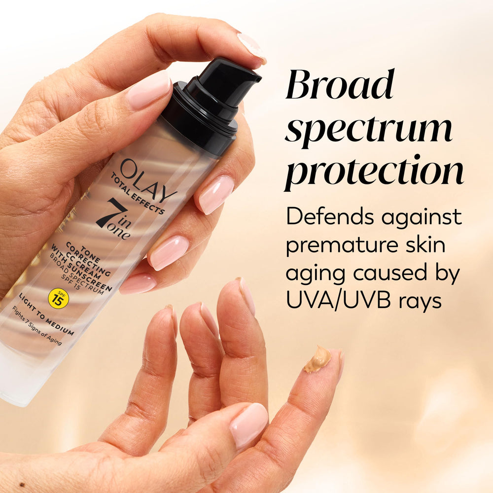 Moisturizer with foundation layering for enhanced coverage by Olay Total Effects.