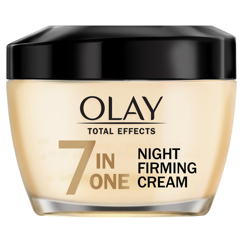 Olay Total Effects Night Firming Cream jar with smooth texture for overnight hydration.