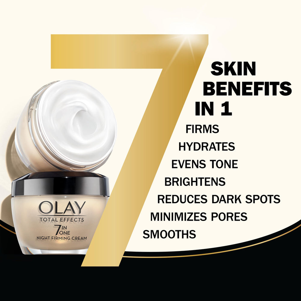Olay Total Effects Night Firming Cream label closeup highlighting lightweight night care formula.