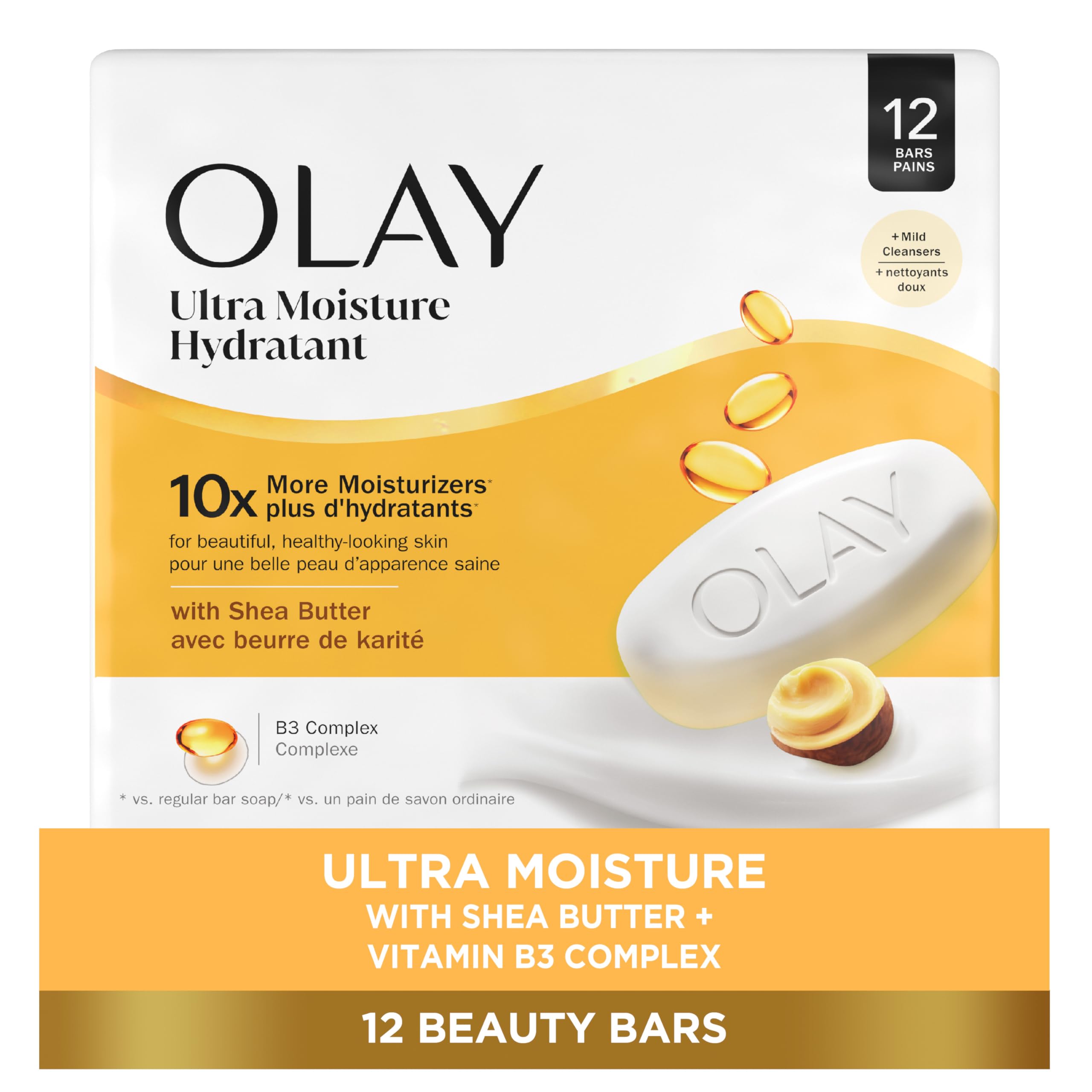 Olay Ultra Moisture Beauty Bar pack-12 shown for daily cleansing with hydration.