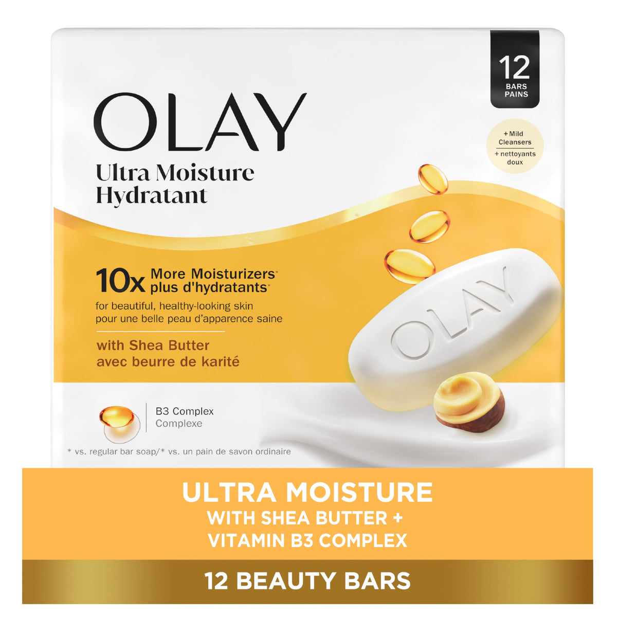 Olay Ultra Moisture Beauty Bar pack-12 shown for daily cleansing with hydration.