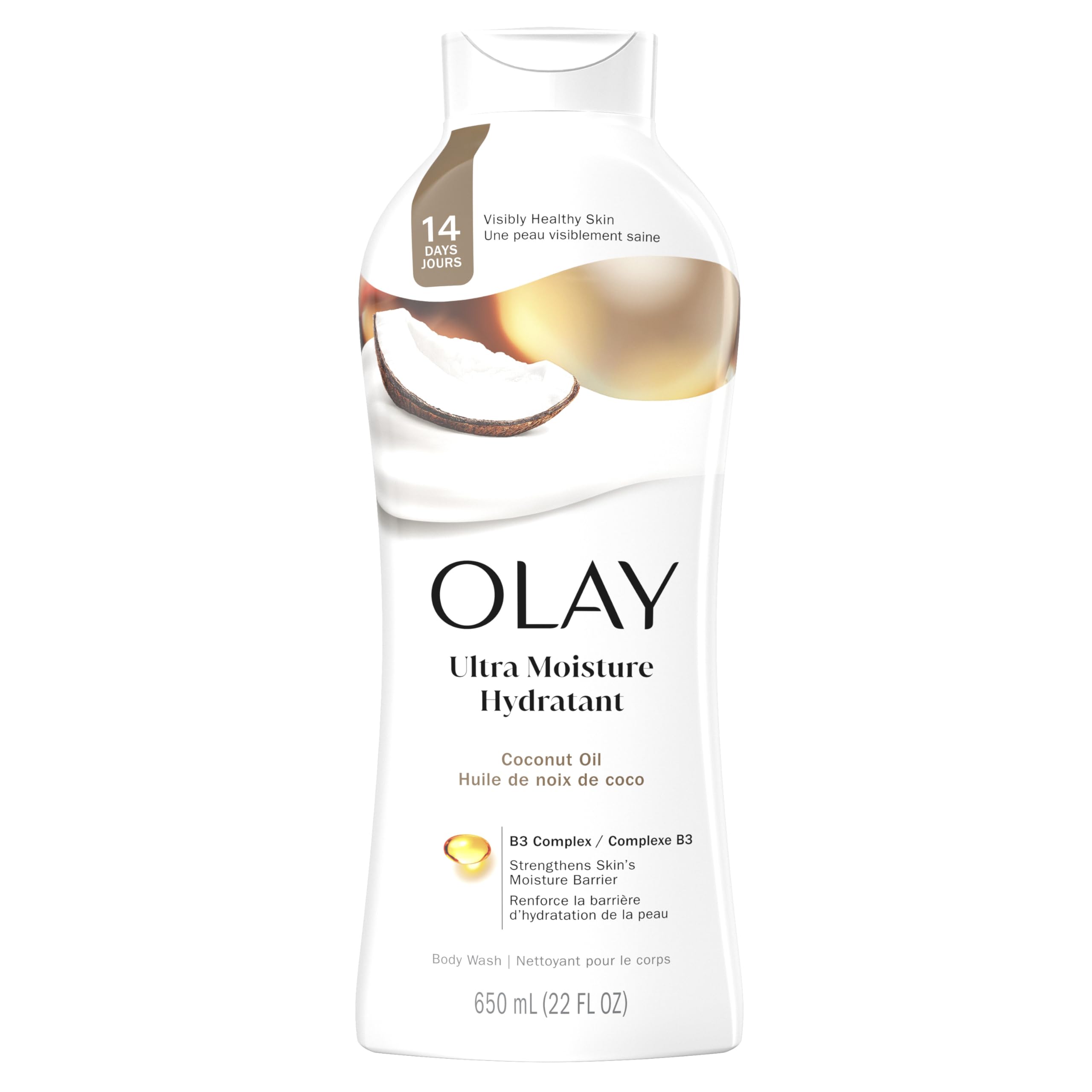Olay Ultra Moisture Body Wash bottle with pump for easy dispensing