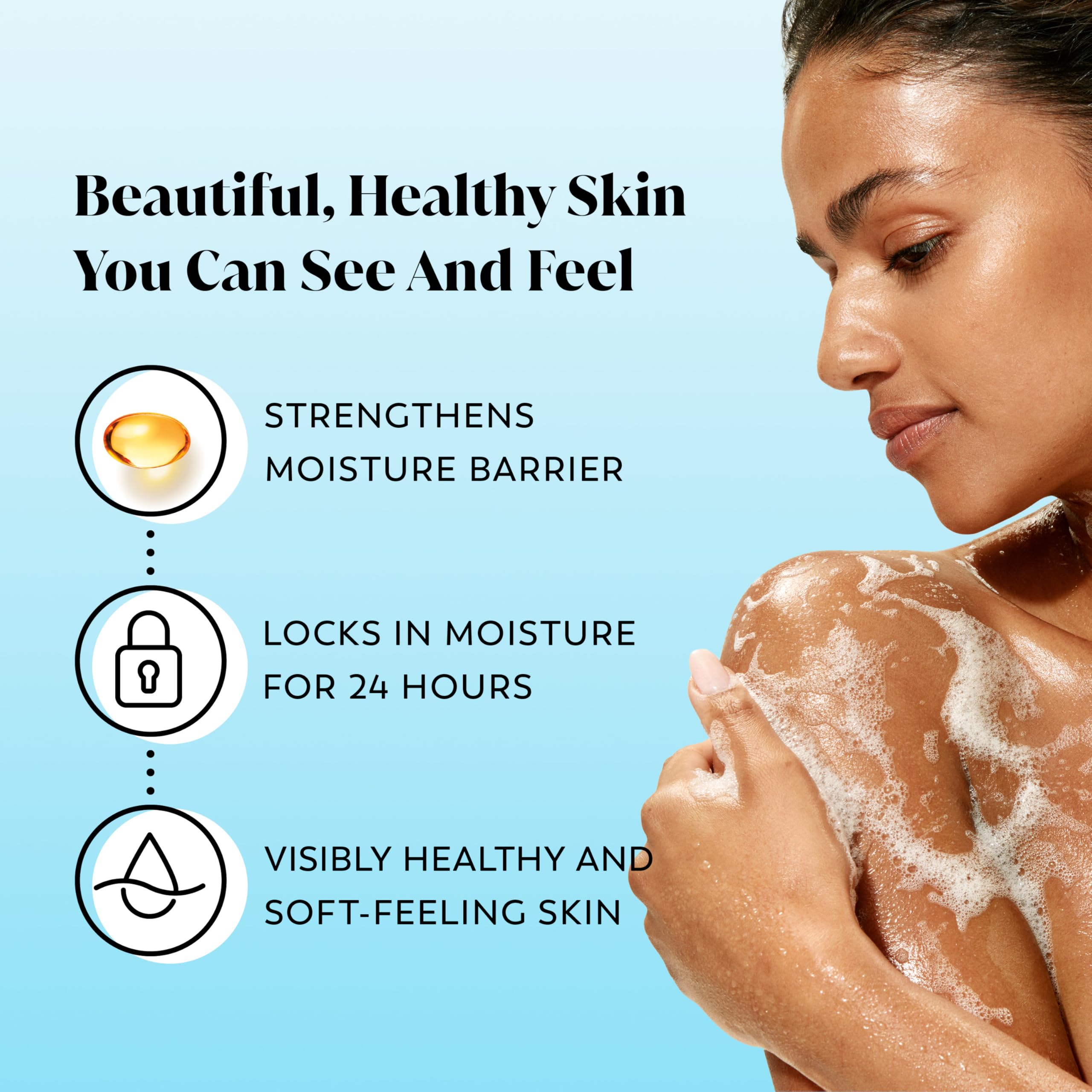 Olay Ultra Moisture, espuma cremosa visible, proporciona sensación suave.