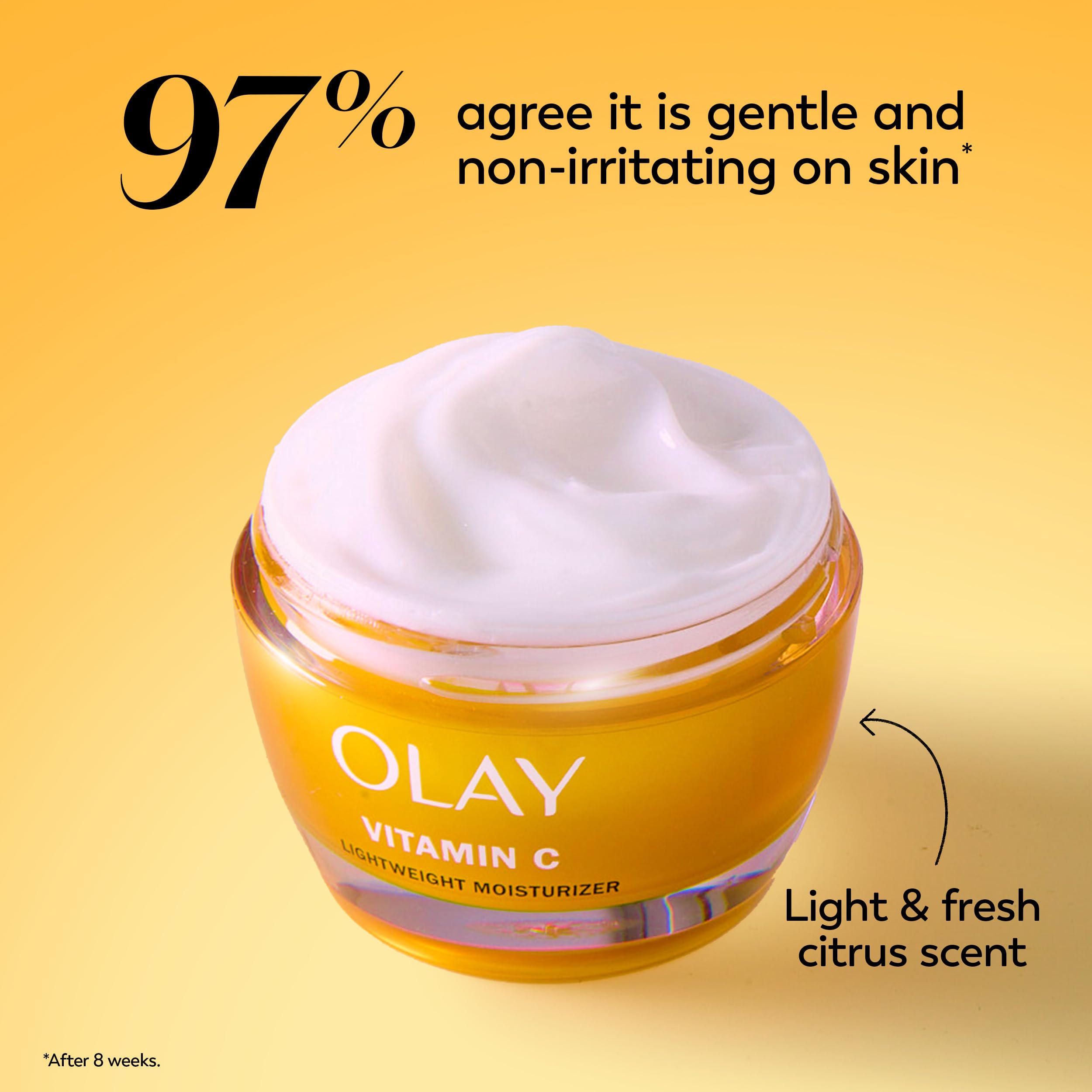 OLAY Vitamin C face cream ingredients graphic communicates brightening and hydrating benefits.