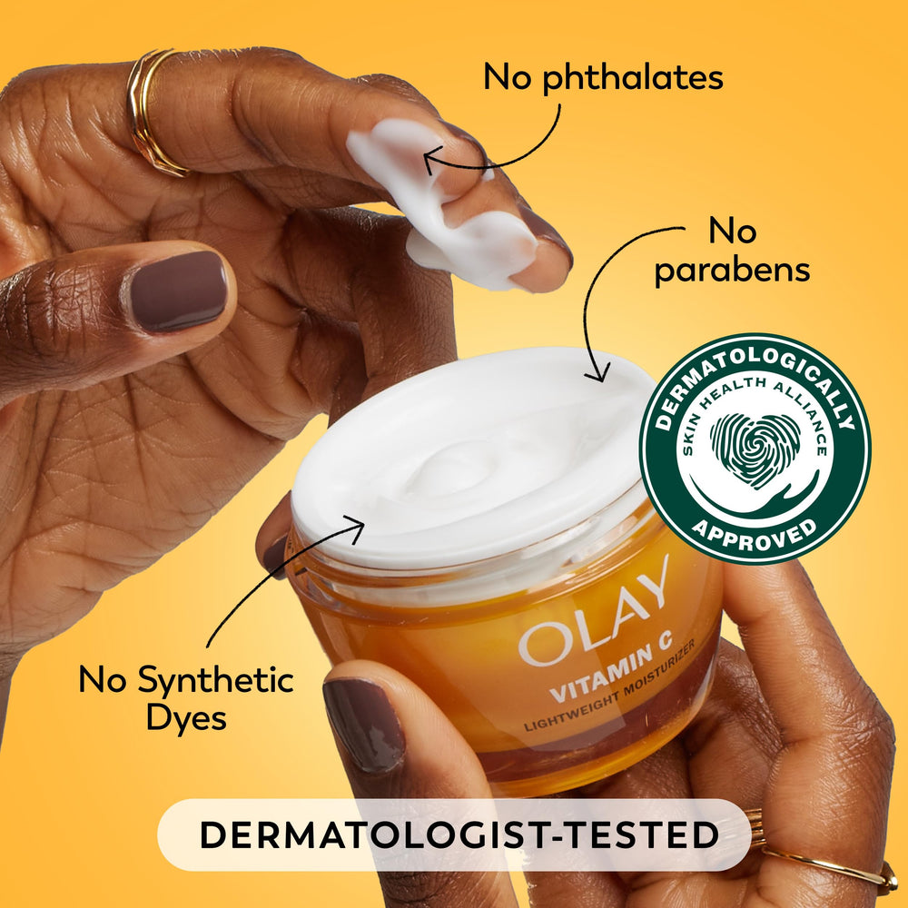 OLAY Vitamin C face cream nighttime routine scene emphasizes hydration while you sleep.