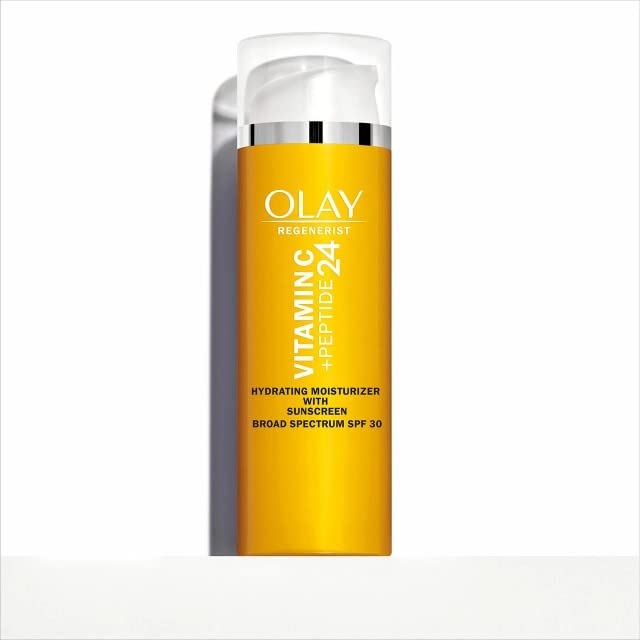 OLAY Vitamin C Hydrating Moisturizer cream texture close-up shows lightweight, fast-absorbing hydration.
