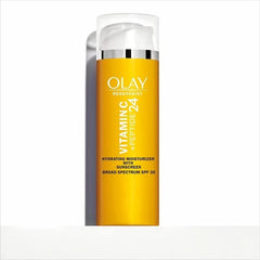 OLAY Vitamin C Hydrating Moisturizer cream texture close-up shows lightweight, fast-absorbing hydration.