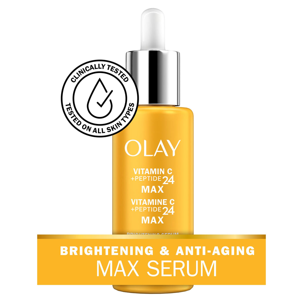 Olay Vitamin C Max Serum: imagen de aplicación para piel hidratada y tono más uniforme.