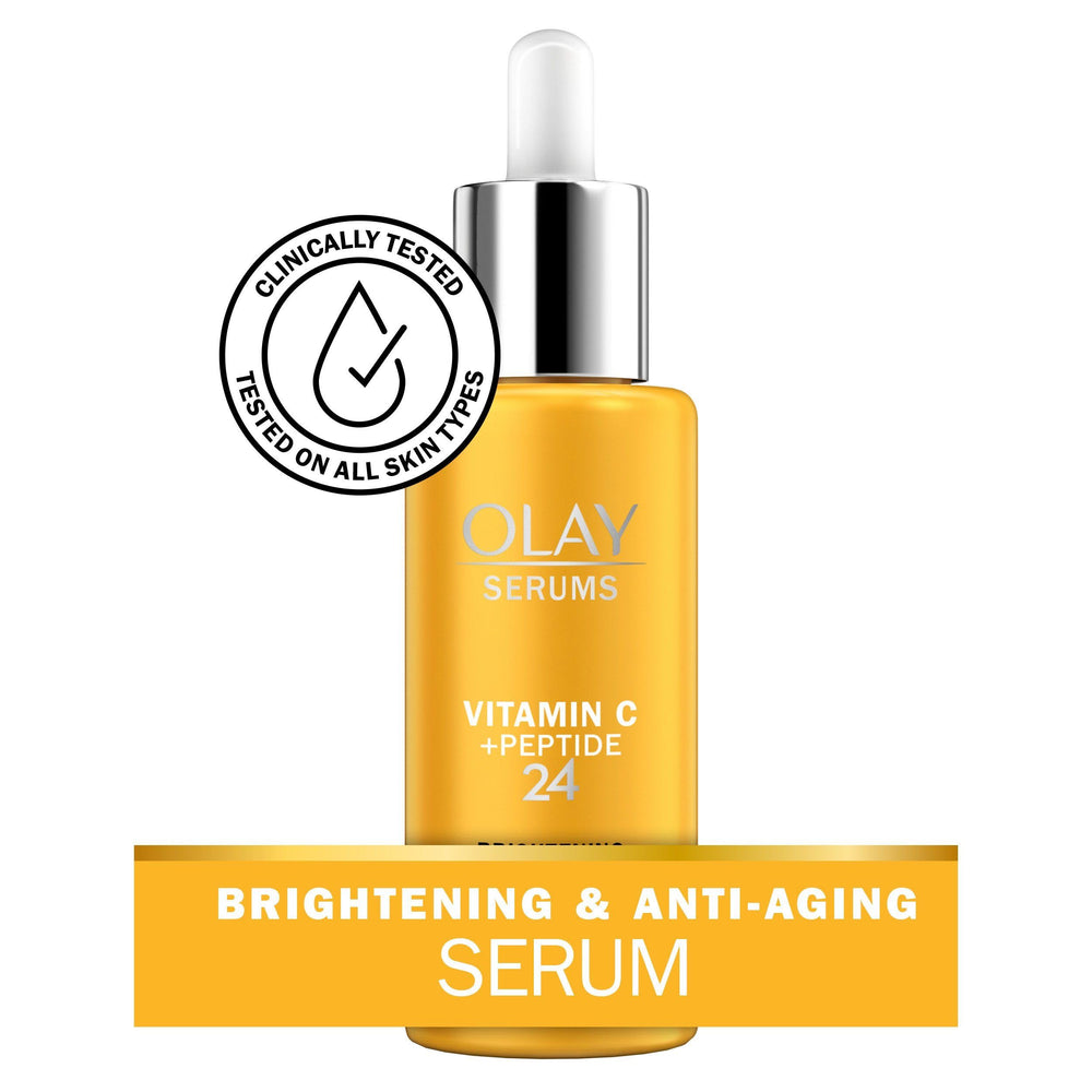 OLAY Vitamin C + Peptide 24 serum cap close-up, premium packaging
