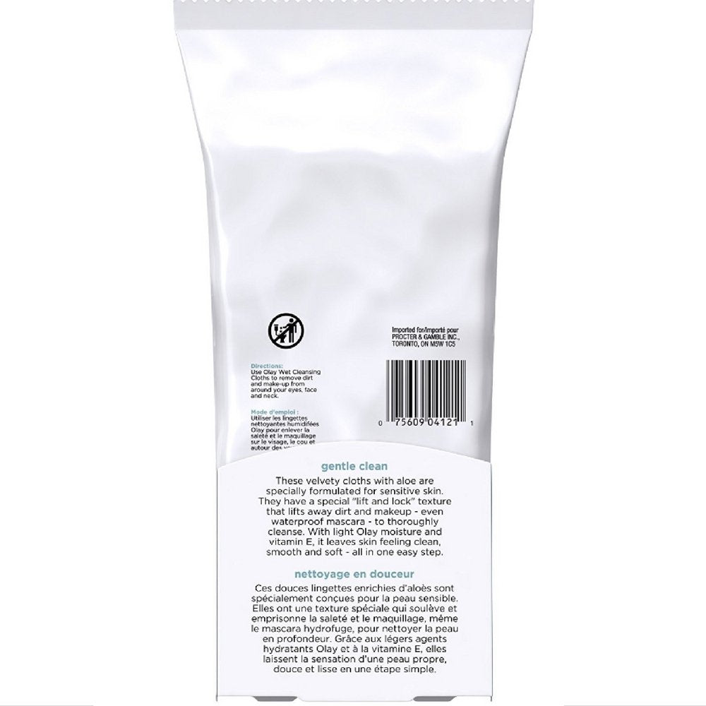 OLAY Wet Cleansing Cloths fragrance-free aloe variant, ideal for refreshing sensitive skin