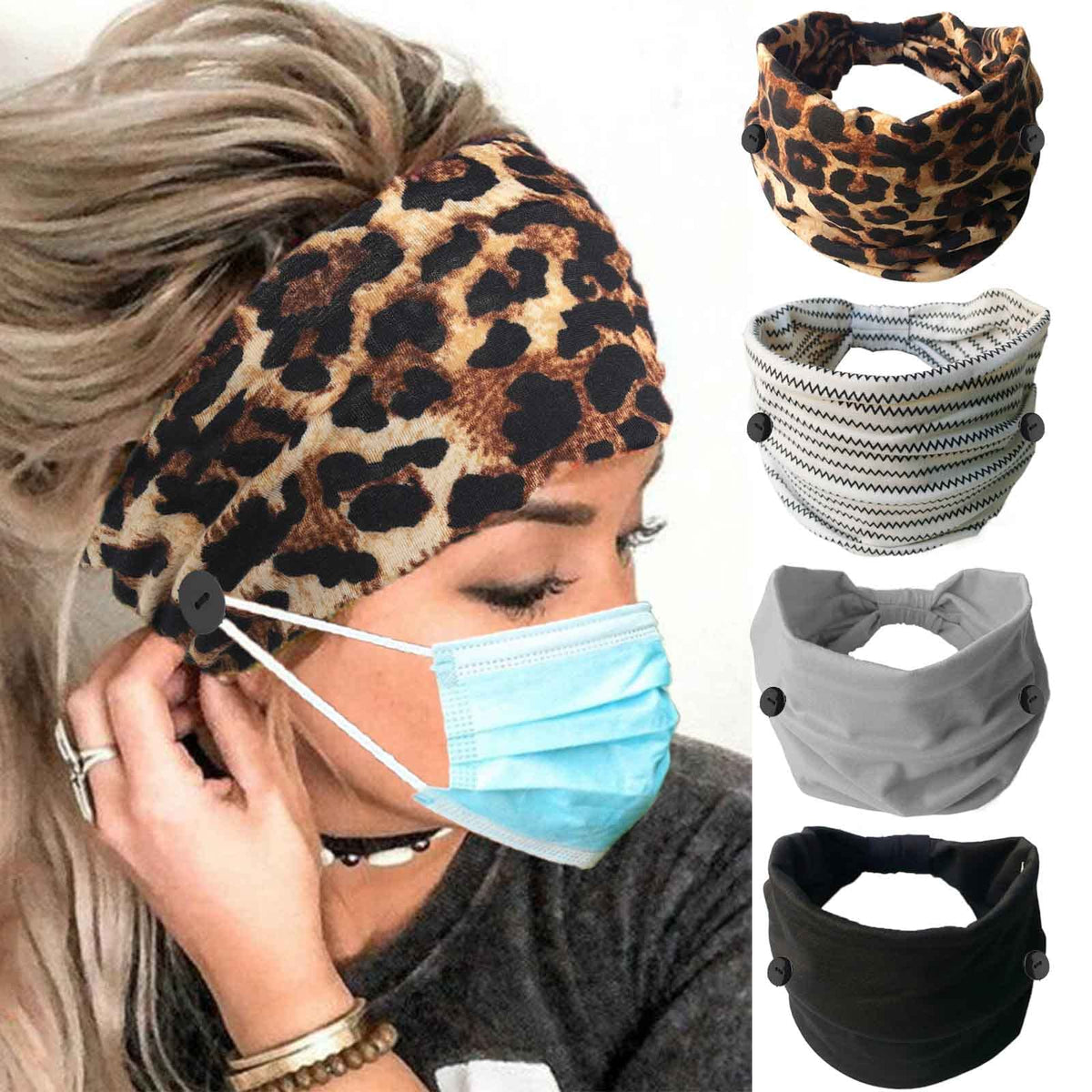 Olbye leopard button headband wide elastic for workouts and all-day comfort.