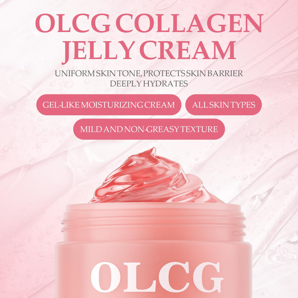 OLCG Collagen Jelly Cream texture close-up highlighting smooth gel for all-day moisture.