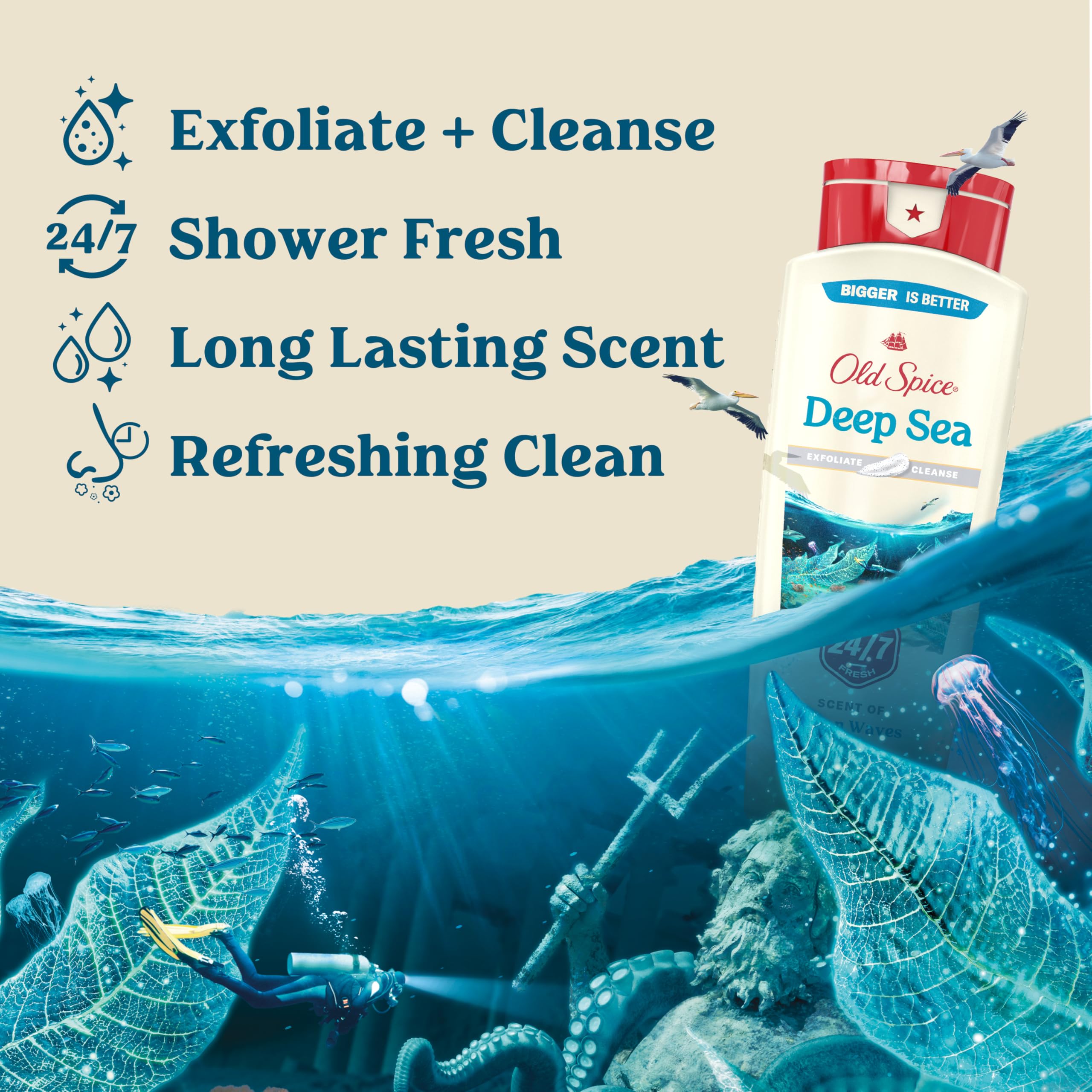 Old Spice 24/7 Shower Fresh label close-up highlights bold scent throughout the day.