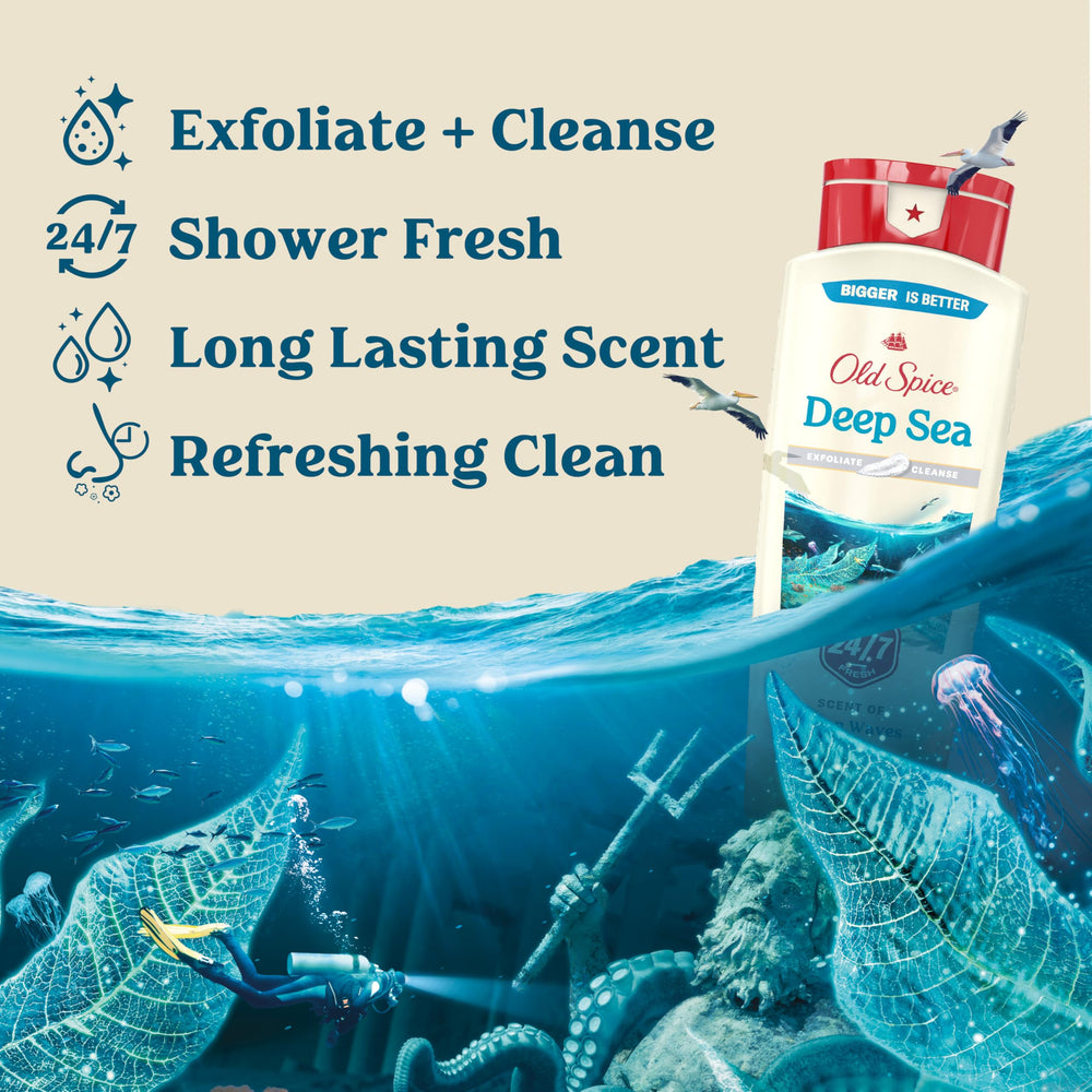 Old Spice 24/7 Shower Fresh label close-up highlights bold scent throughout the day.