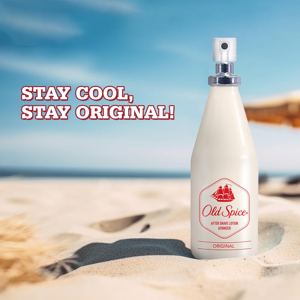 Old Spice after shave lotion original spray nozzle closeup shows cooling relief after shaving.