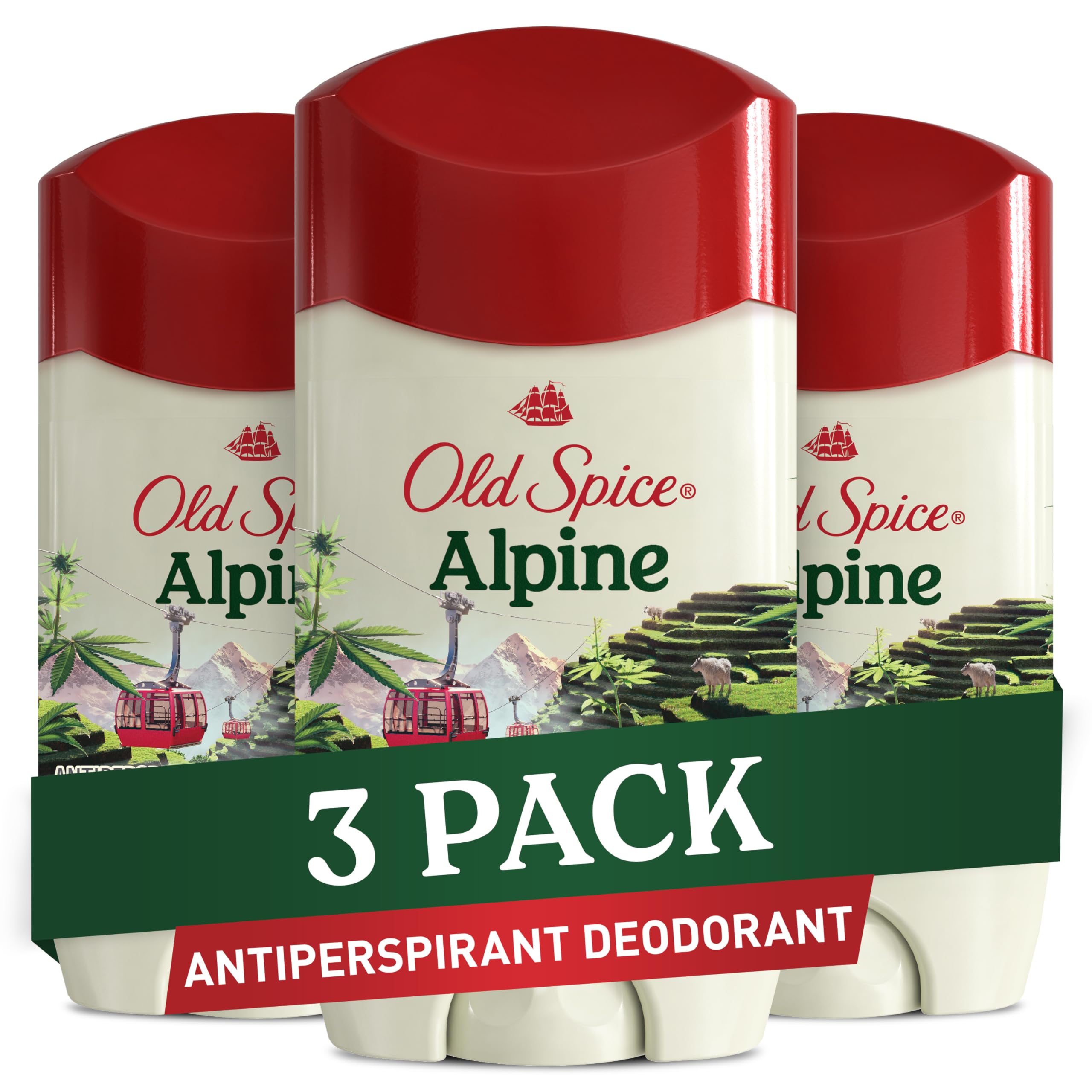 Old Spice Alpine antiperspirant bottle in a 3-pack for daily freshness