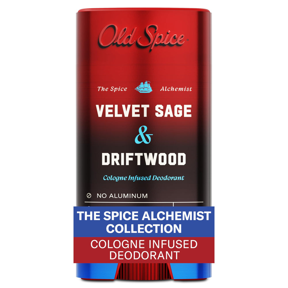 Old Spice Alquimista botella con salvia aterciopelada y madera flotante, aroma sofisticado.