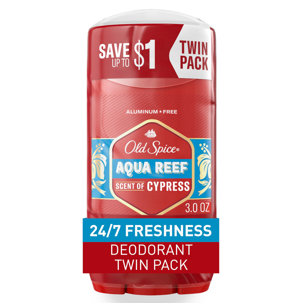 Desodorante Old Spice Aqua Reef libre de aluminio frente al envase, olor duradero.