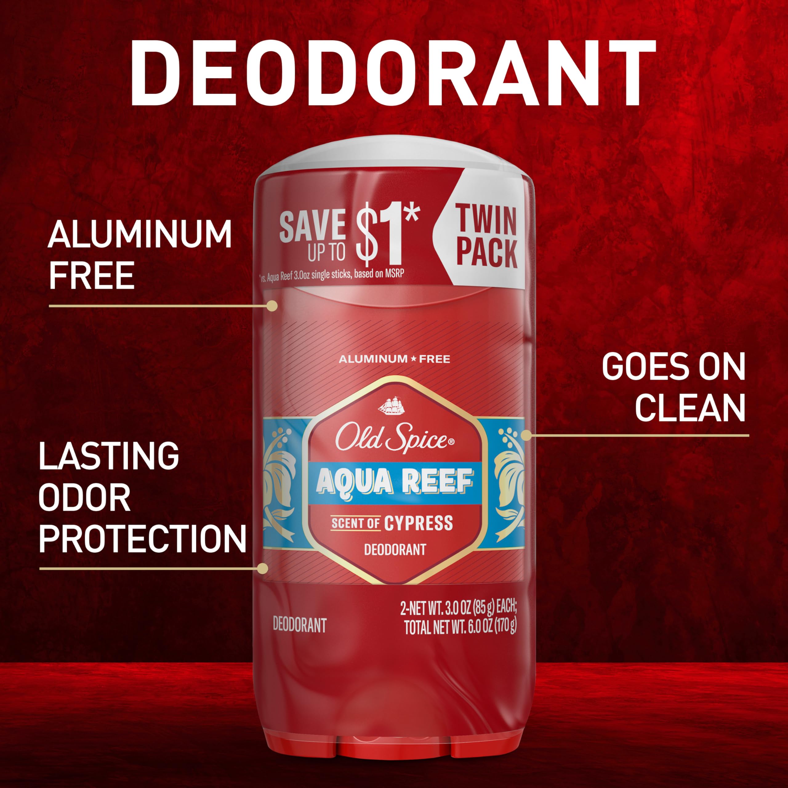 Etiqueta de la colección roja de Old Spice Aqua Reef, reconocimiento de marca visible.