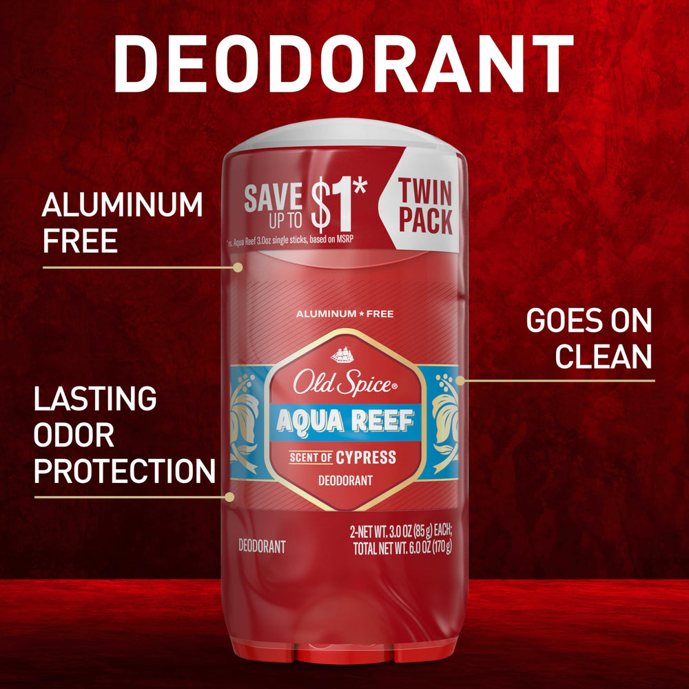 Etiqueta de la colección roja de Old Spice Aqua Reef, reconocimiento de marca visible.
