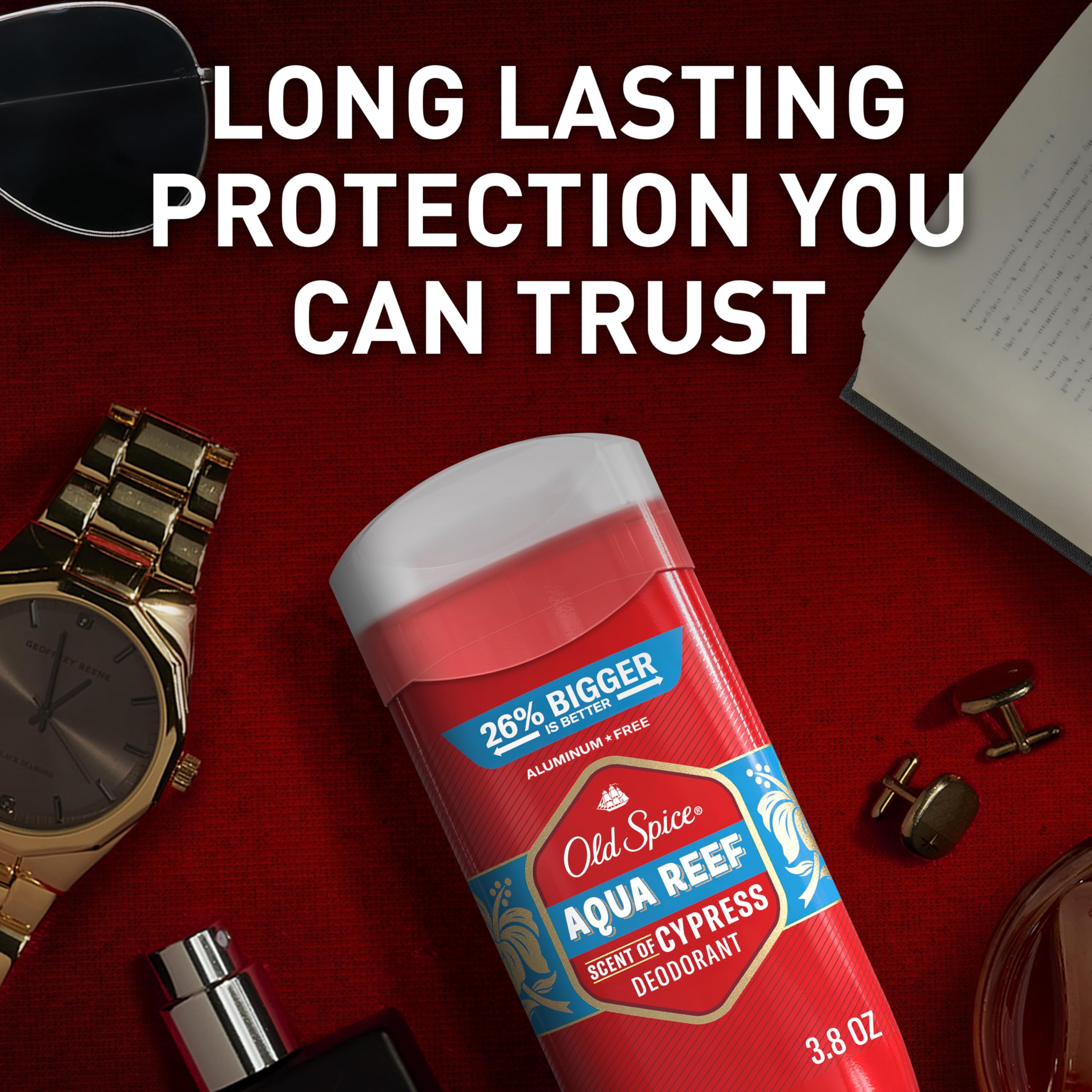 Old Spice Aqua Reef label close-up highlighting aluminum-free formula.