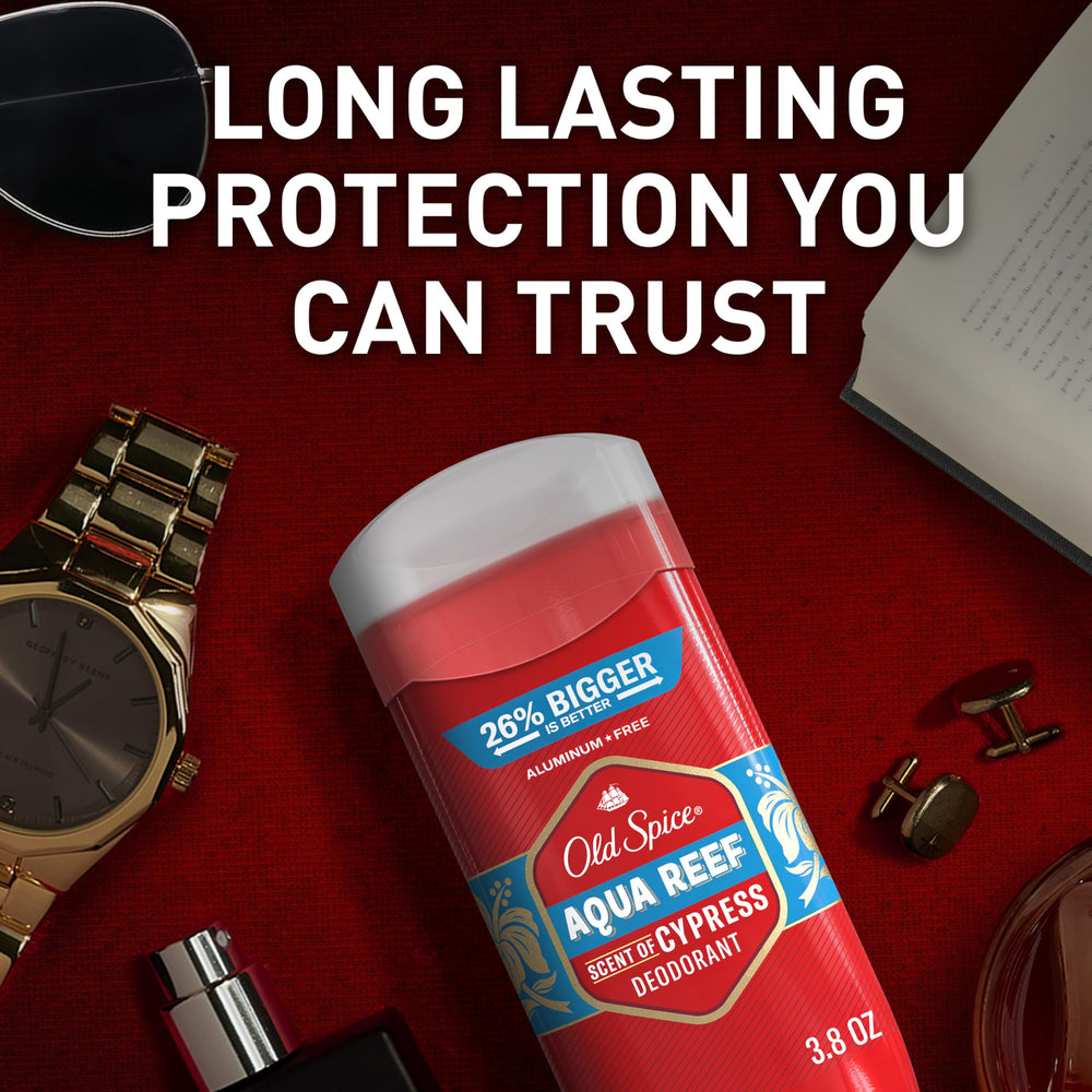 Old Spice Aqua Reef label close-up highlighting aluminum-free formula.