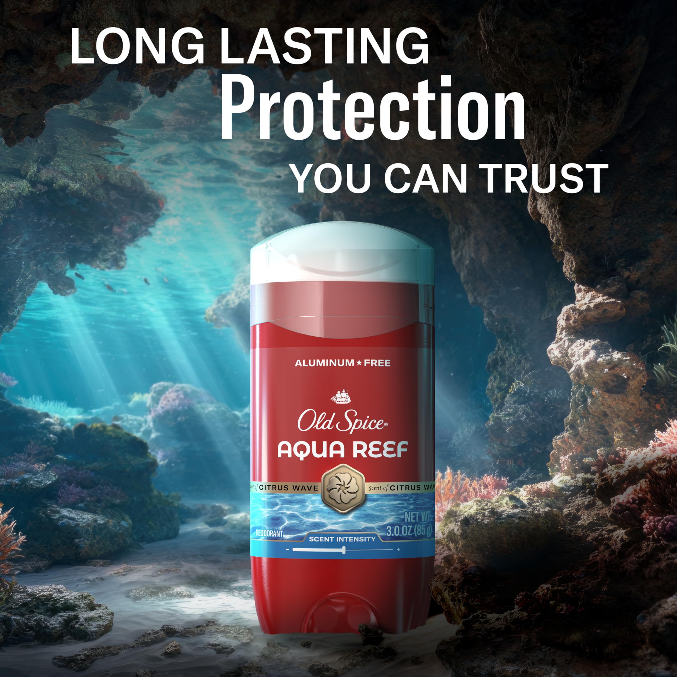 Old Spice Aqua Reef desodorante sin aluminio, aplicación clara y aroma duradero.