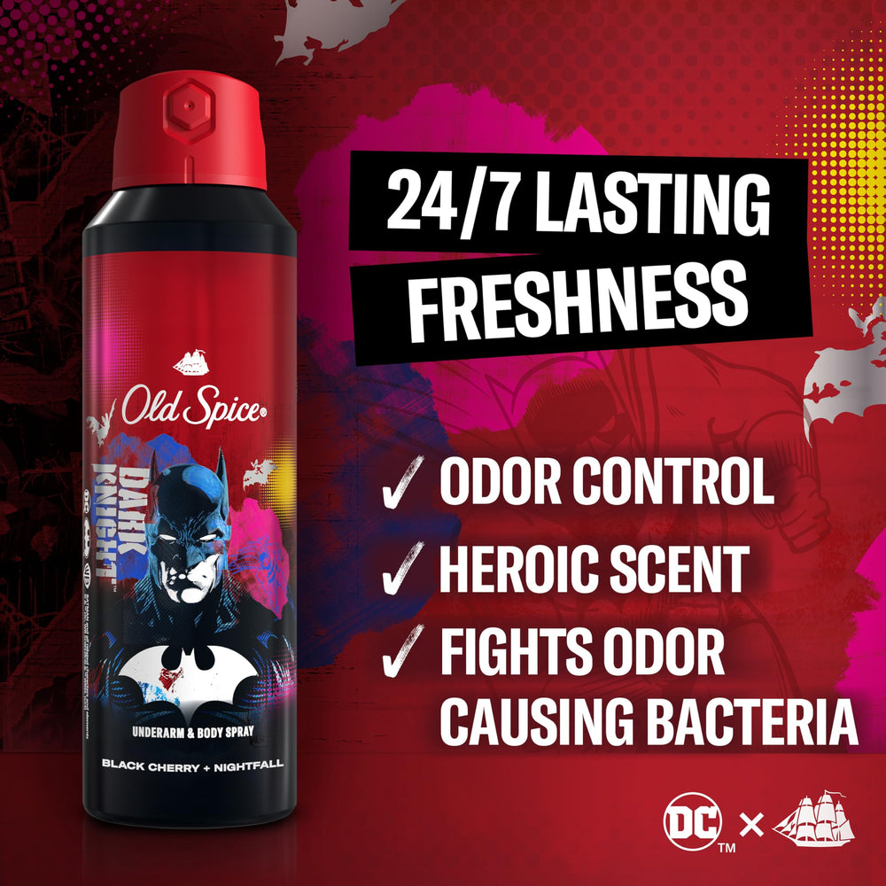 Old Spice Batman desodorante botella dorso destaca la marca y aroma duradero