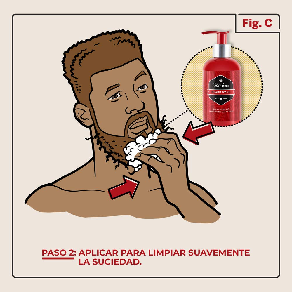 Beard wash bottle on counter ready for daily use.