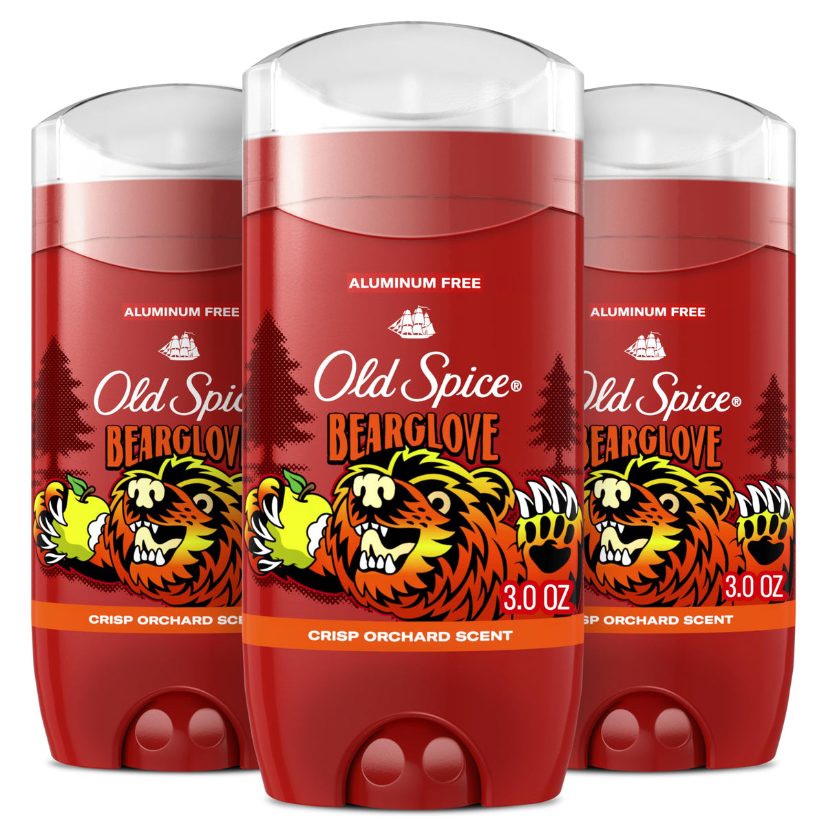 Old Spice Bearglove deodorant 3-pack with clear application for all-day freshness.