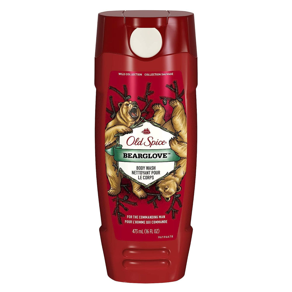 Old Spice Bearglove empaque-frontal: diseño rojo que destaca en la ducha.