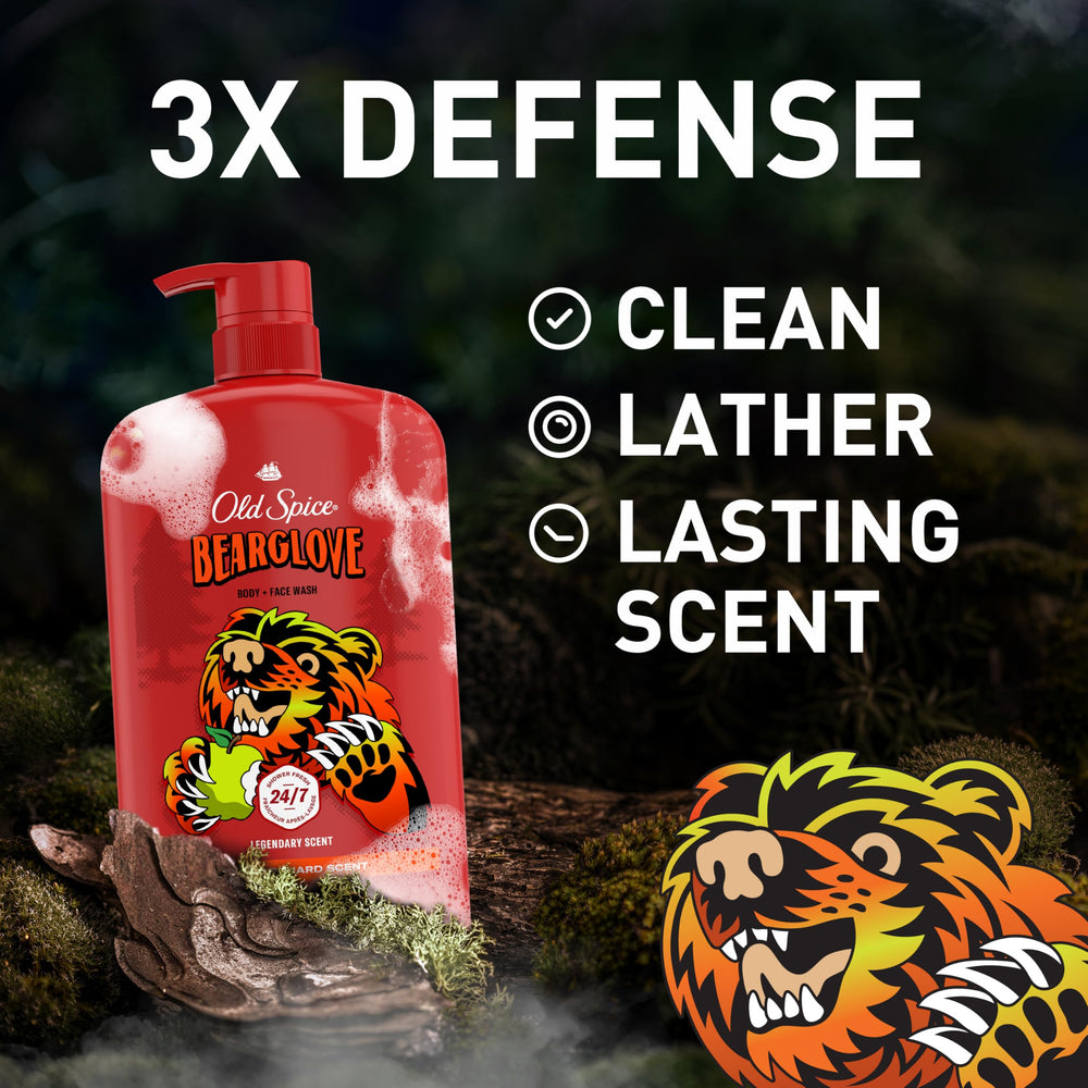 Old Spice Bearglove label close-up with bold scent notes