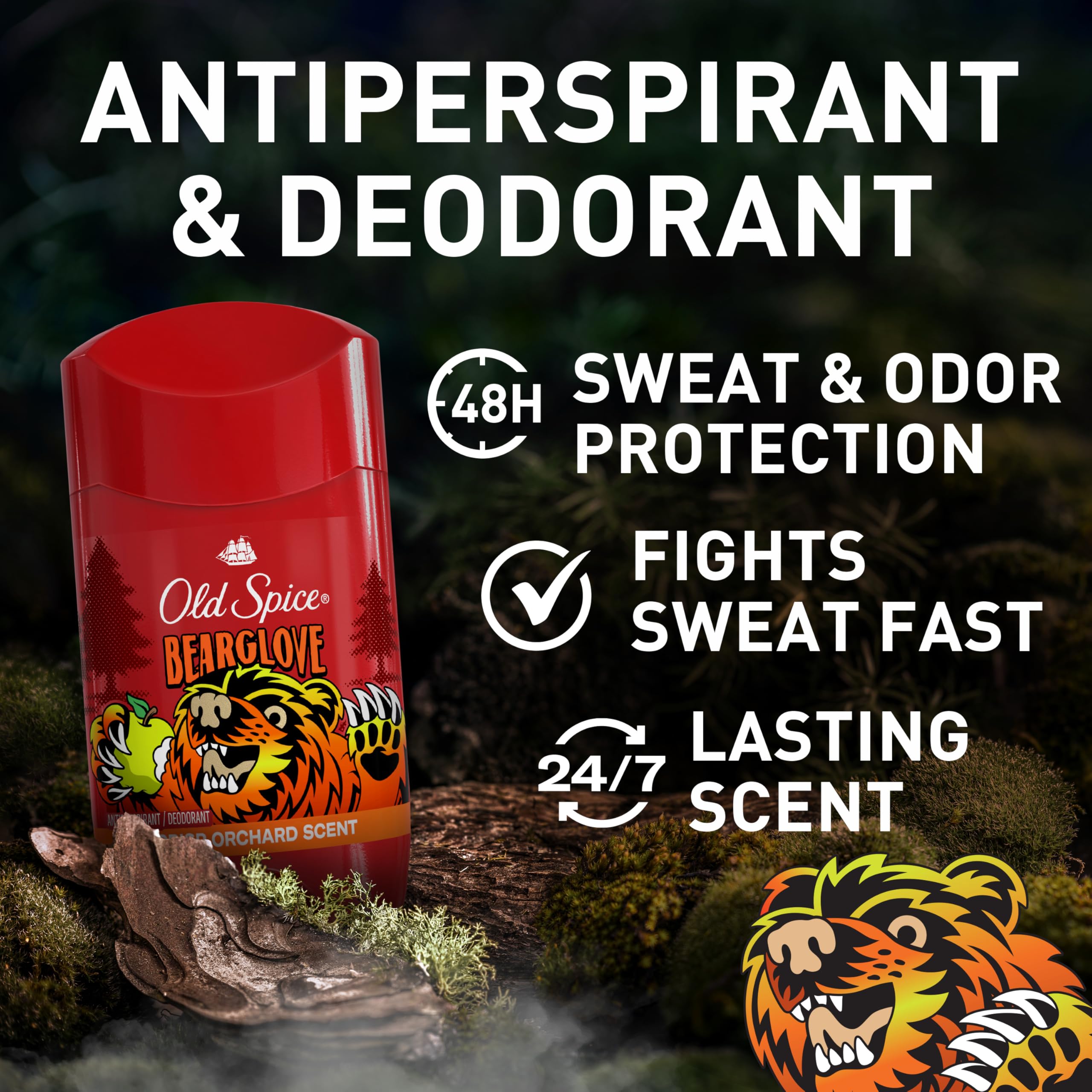 Bearglove Old Spice, protección 48 horas sin manchas, aroma fresco.