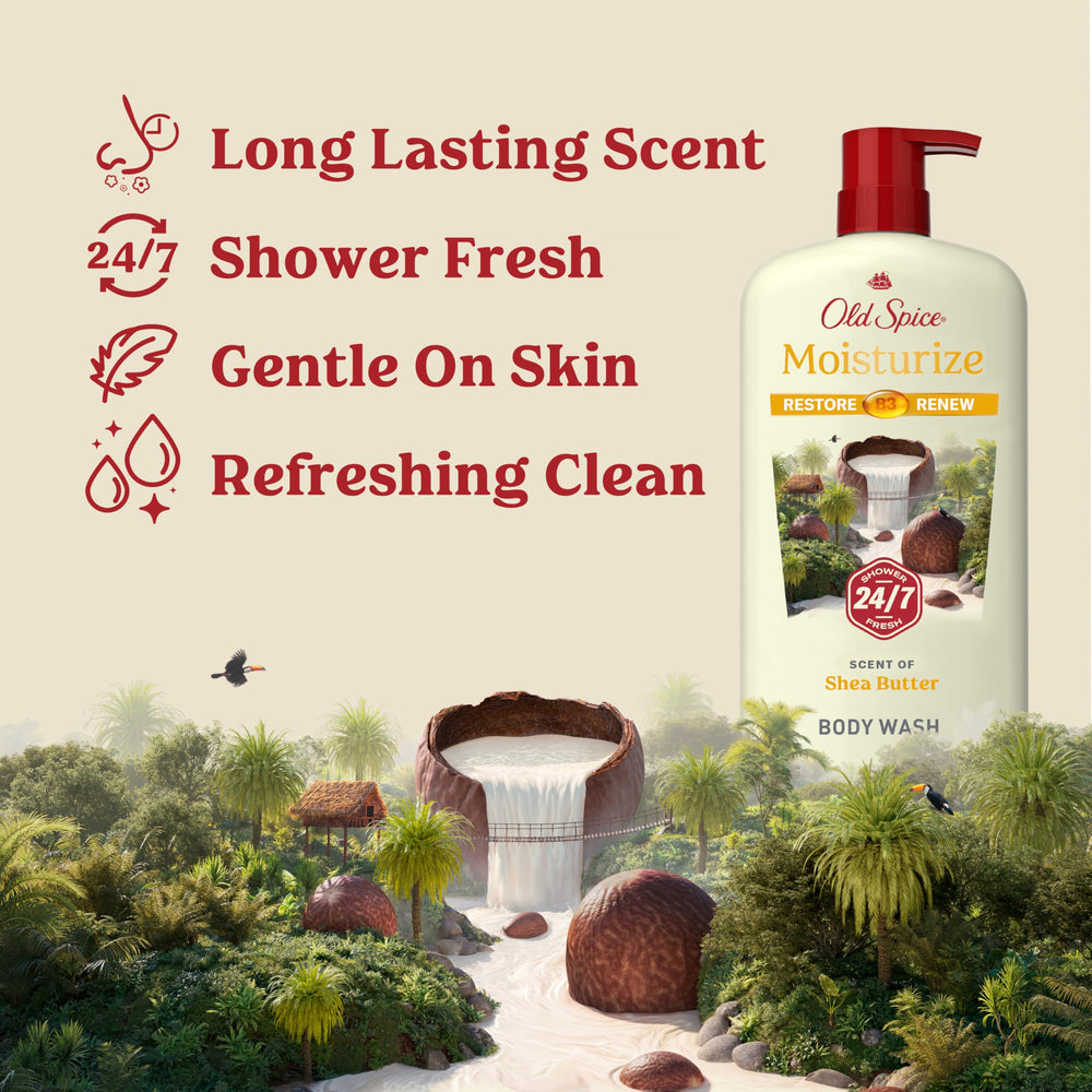 Old Spice body wash bottle highlights creamy lather for thorough cleansing.