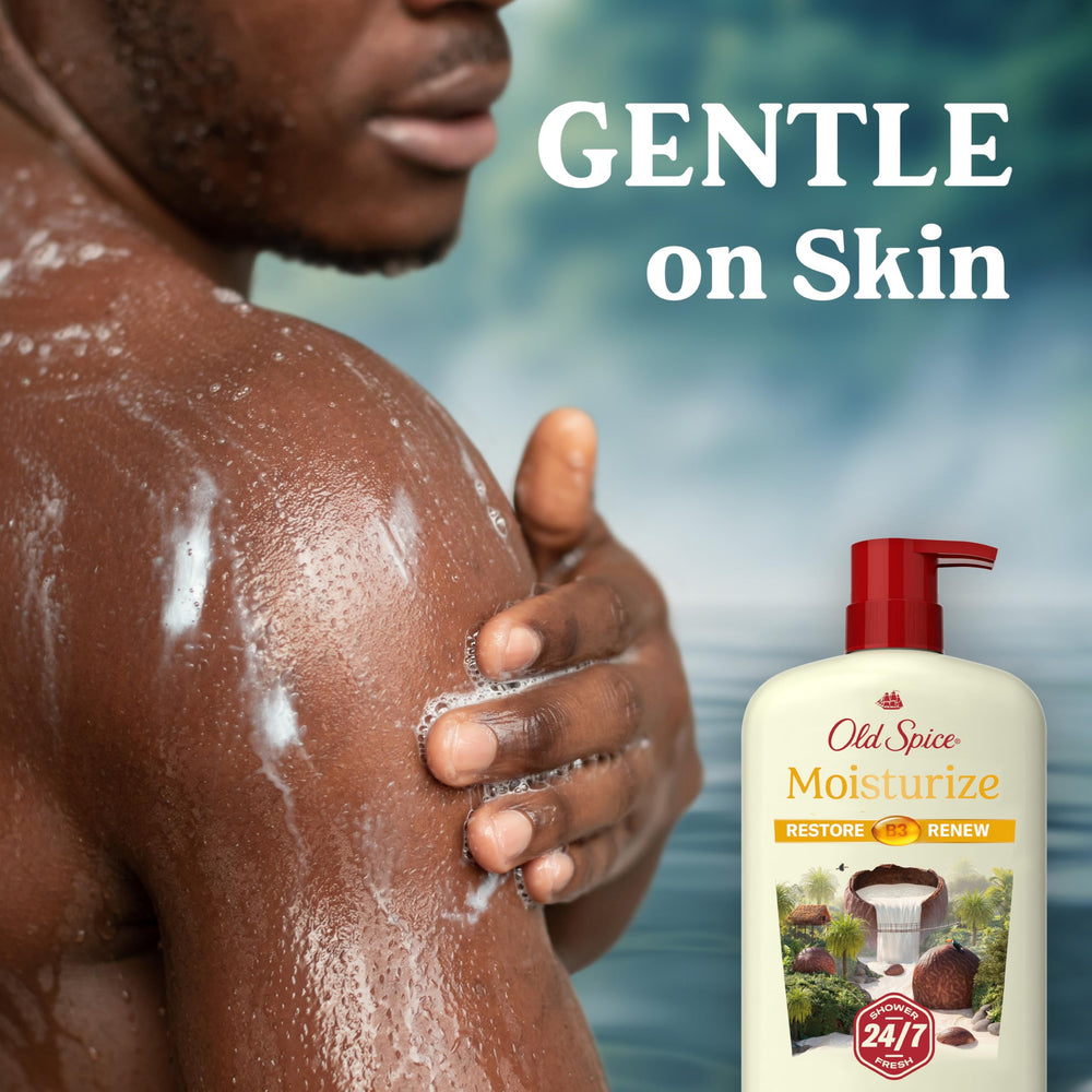 Old Spice body wash bottle contains Vitamin B3 for skin comfort.