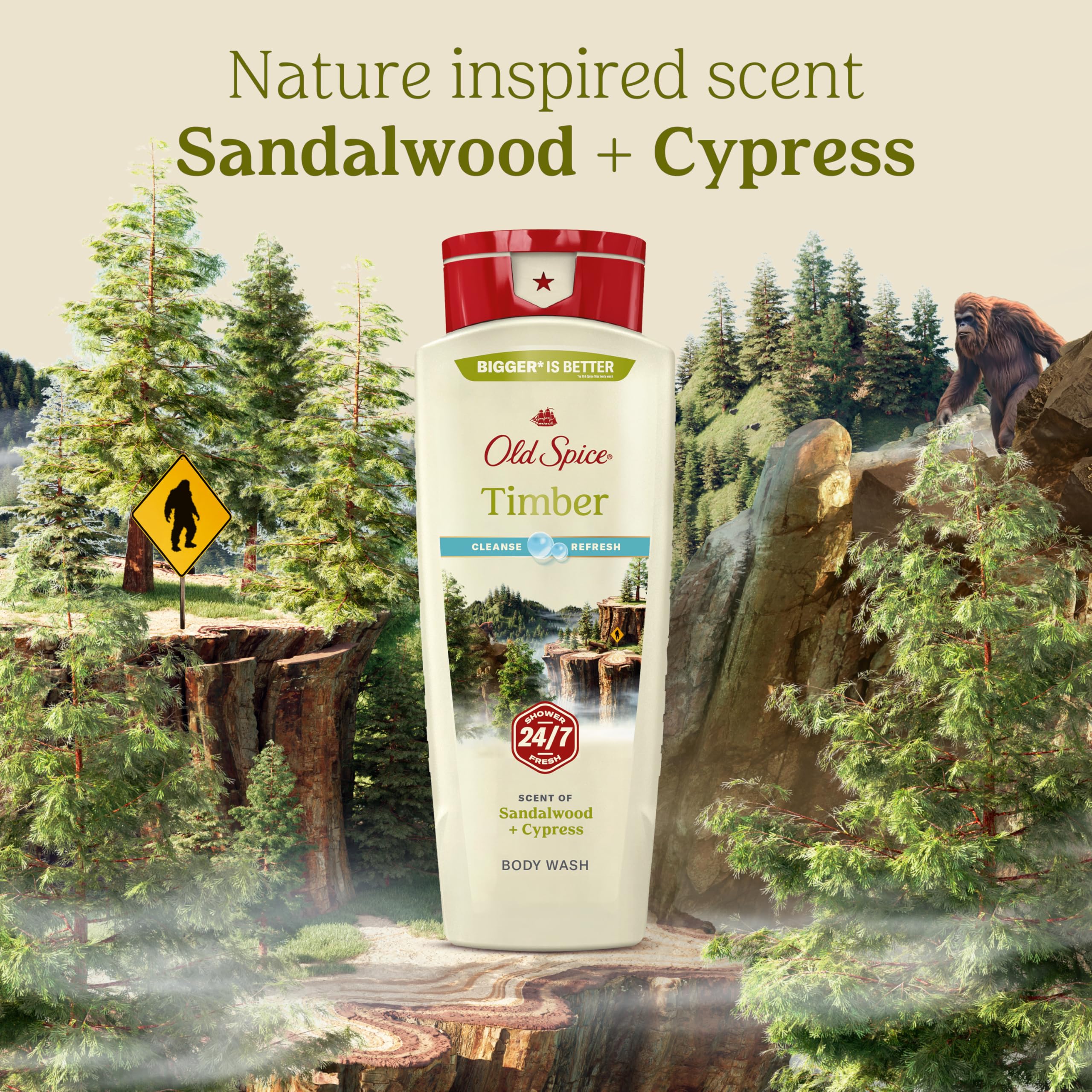 Old Spice bottle label shows scent notes and bold branding.