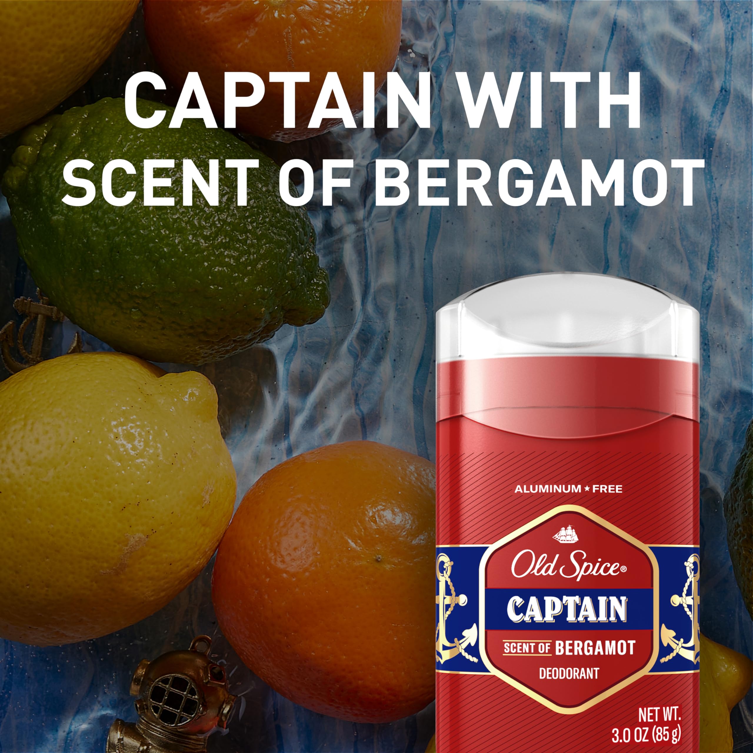 Etiqueta libre de aluminio en Old Spice Captain Bergamot, fórmula limpia.