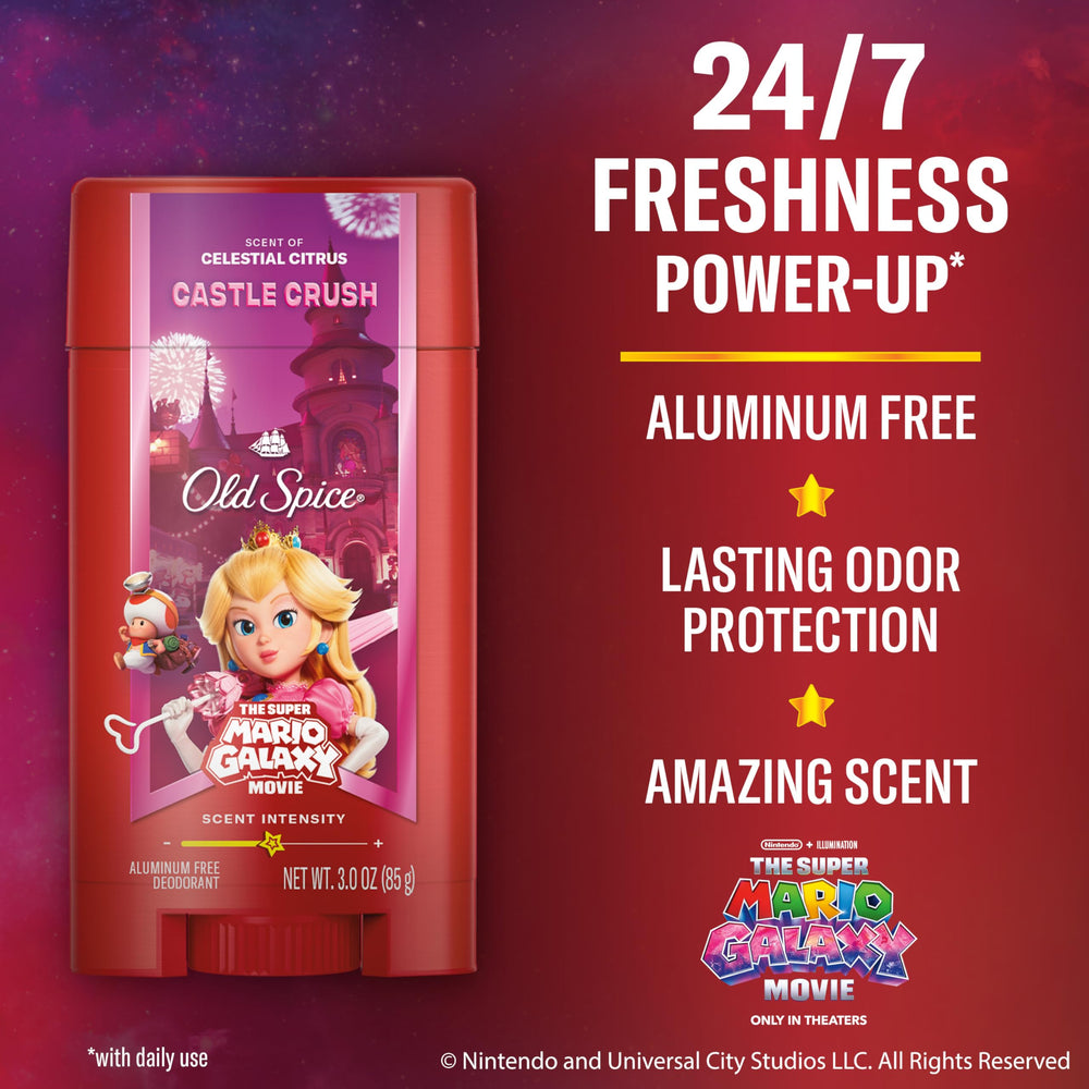 Old Spice Castle Crush deodorant stick closeup, aluminum-free formula provides long-lasting odor protection.