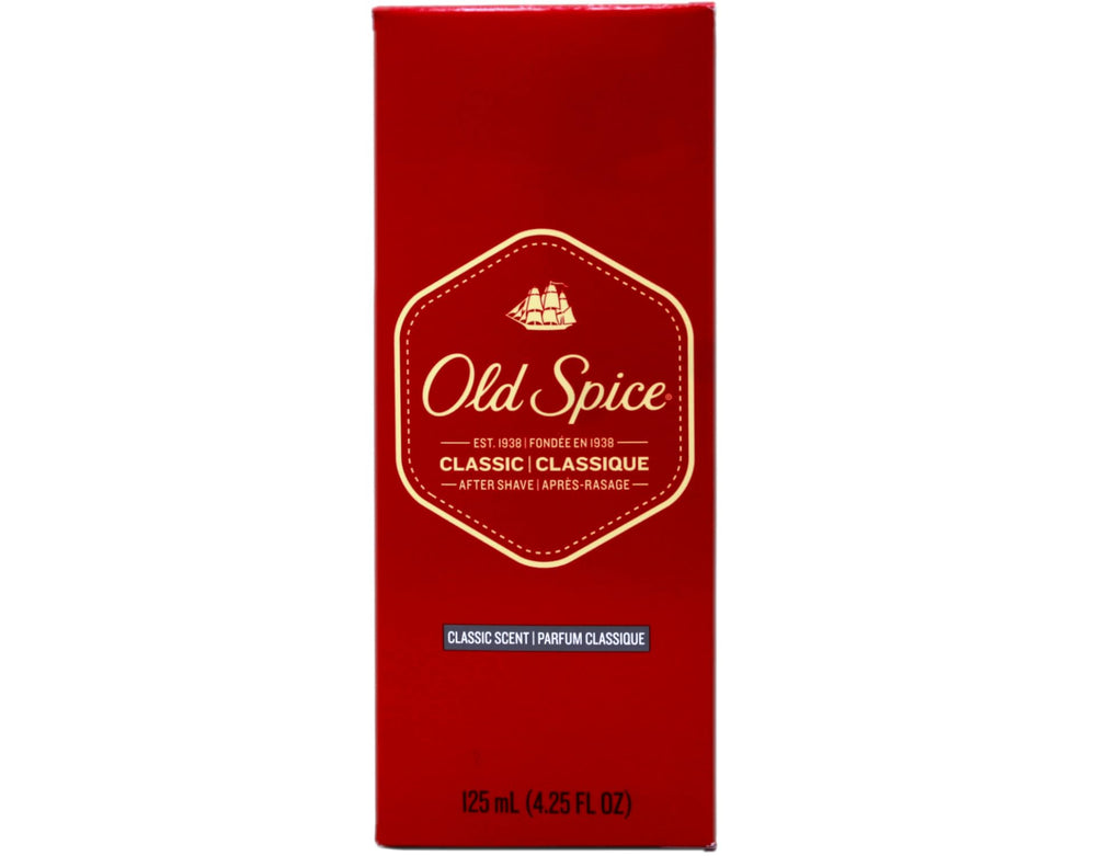 Old Spice Classic After Shave bottle back showing ingredients and usage notes
